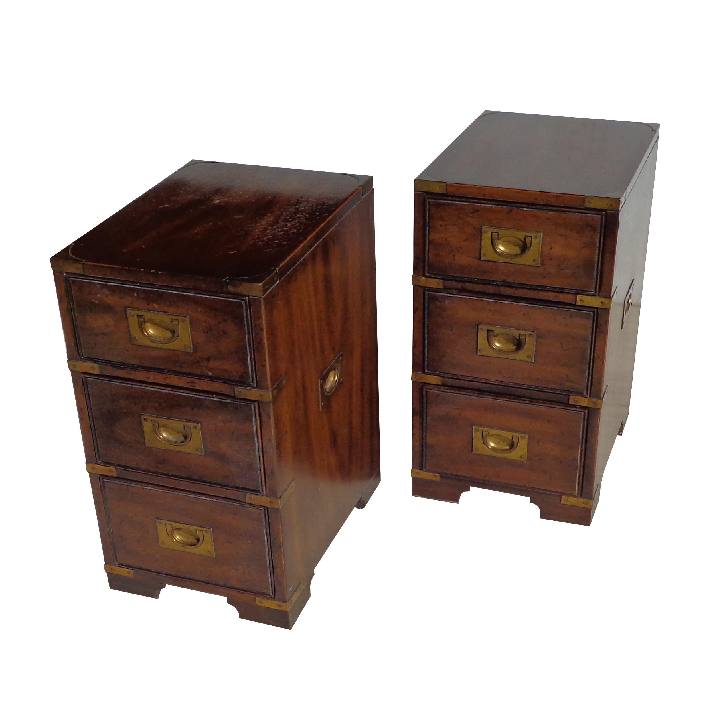 Walnut Pair of Drexel Campaign Cabinet Nightstands
