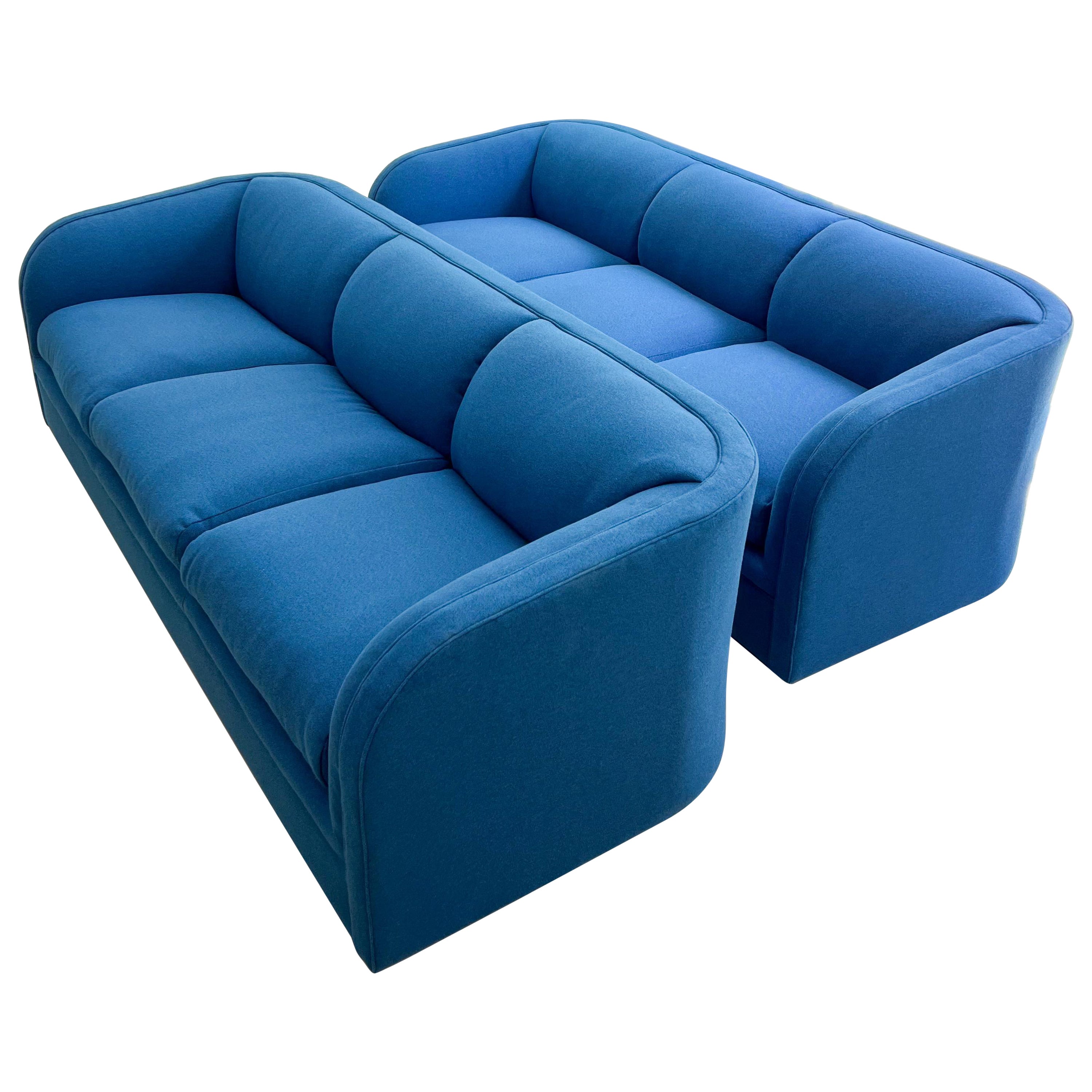 Pair of Drexel Heritage Curved Back Sofas - New Cobalt Blue Upholstery