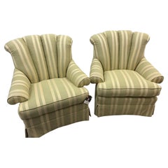 Pair of Drexel Heritage Green & Cream Striped Skirted Lounge Chairs