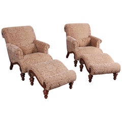 Pair of Drexel Heritage Upholstered Lounge Chairs and Ottomans