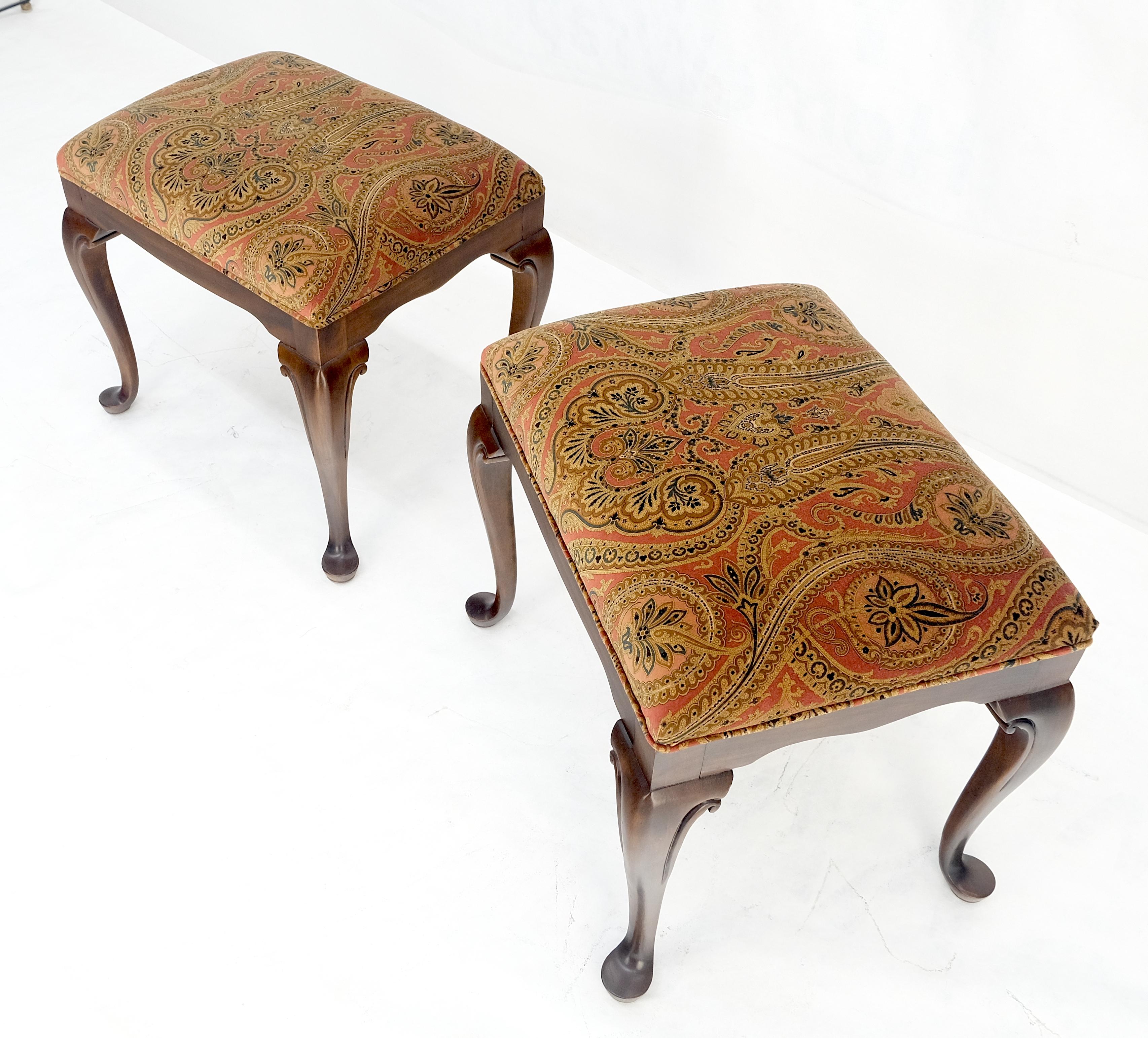 Upholstery Pair of Drexel Queen Ann Decorative Walnut Benches c1970s MINT For Sale