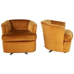 Pair of Drexel Swivel Barrel Shaped Club Chairs in Burnt Orange Velvet