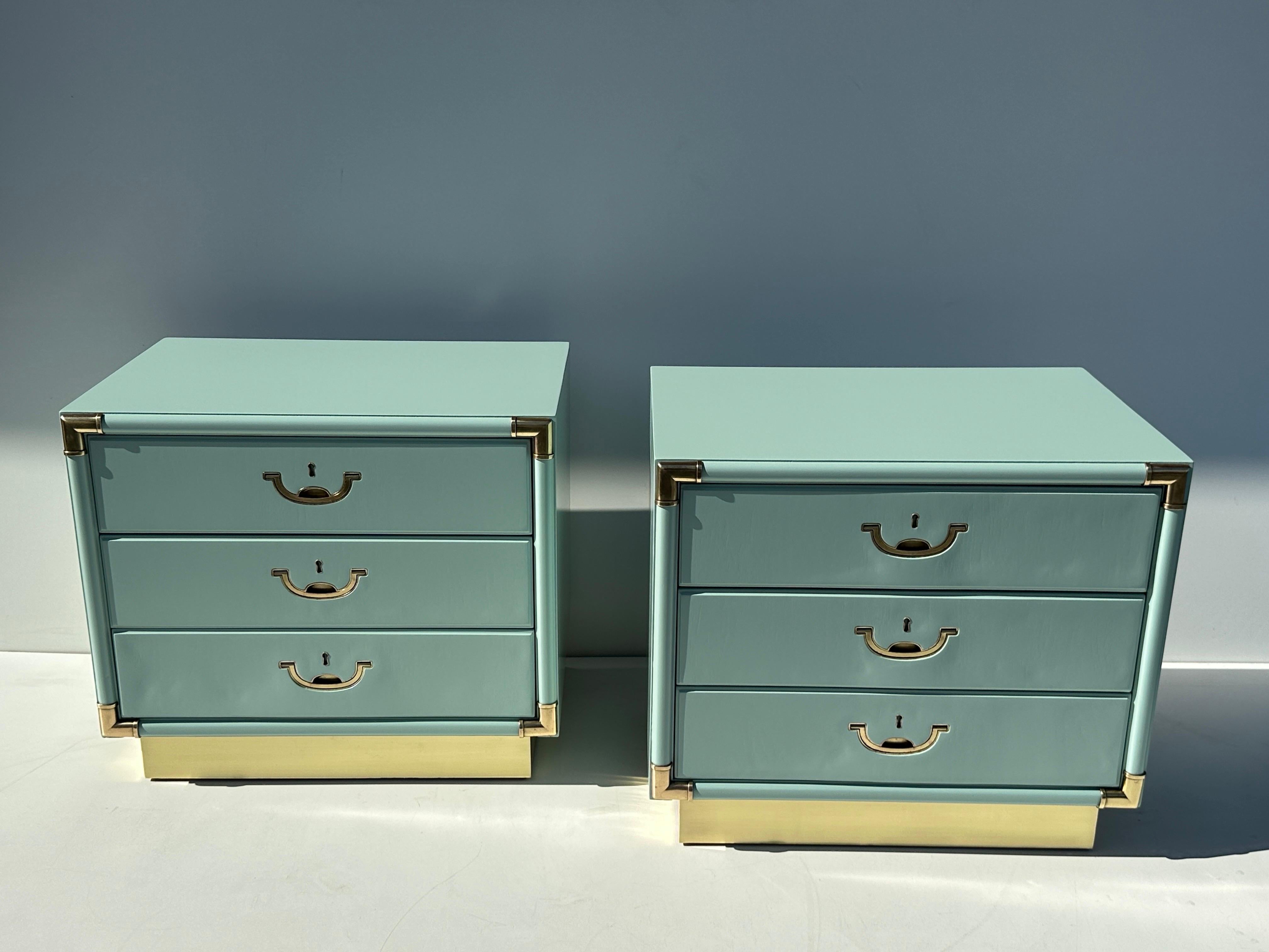 Pair of sea foam green / turquoise three drawer nightshades with brass accents and base by Drexel.