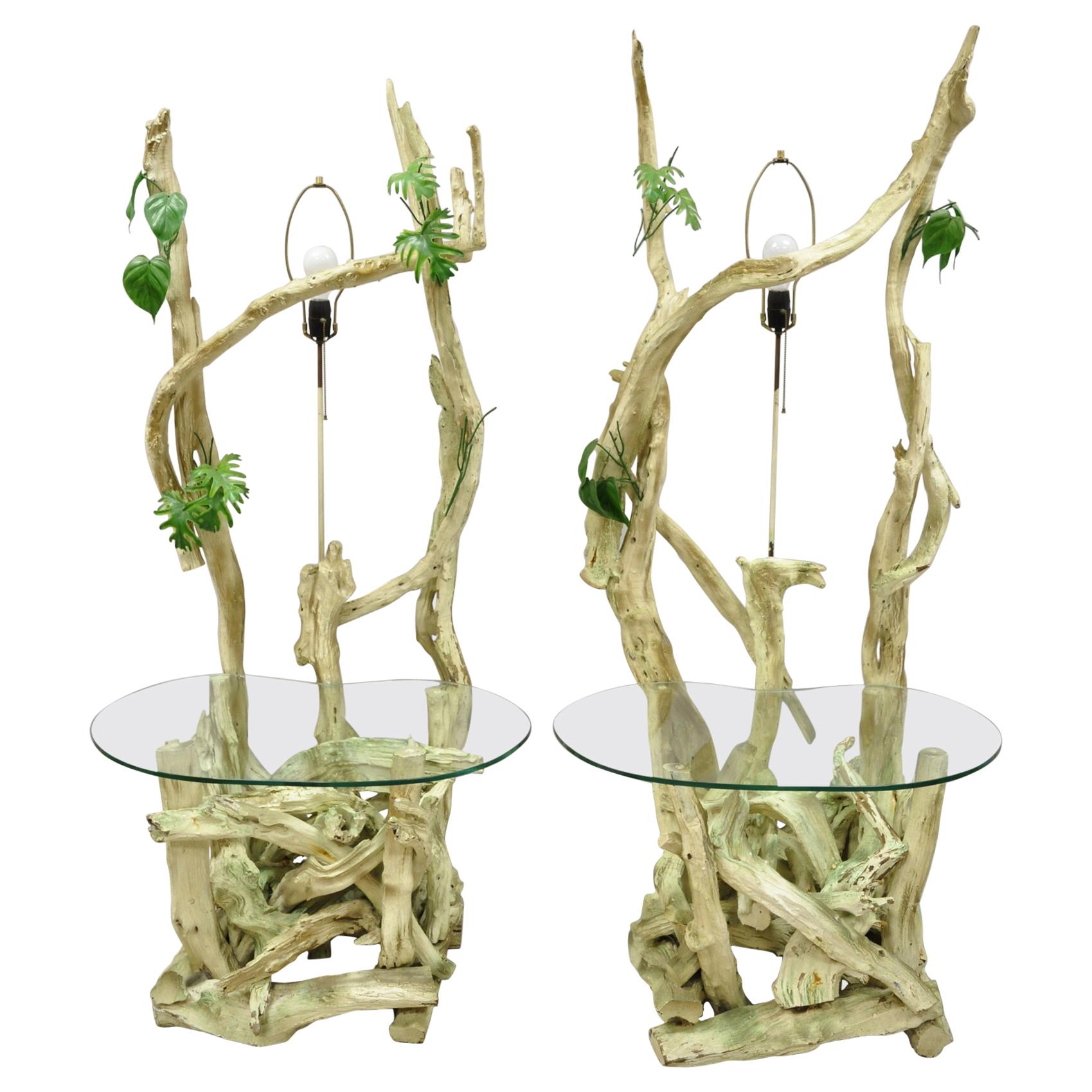 Pair of Driftwood Mid-Century Modern Tiki Jungle Lamp End Tables Kidney Glass