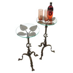 Pair of Drink Side Tables with Foliage Design in Gilt Iron and Glass