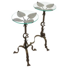 Pair of Drink Side Tables with Foliage Design in Gilt Iron and Glass