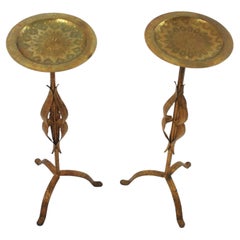 Pair of Drink Tables / Side Tables / Gueridons in Gilt Iron with Brass Top