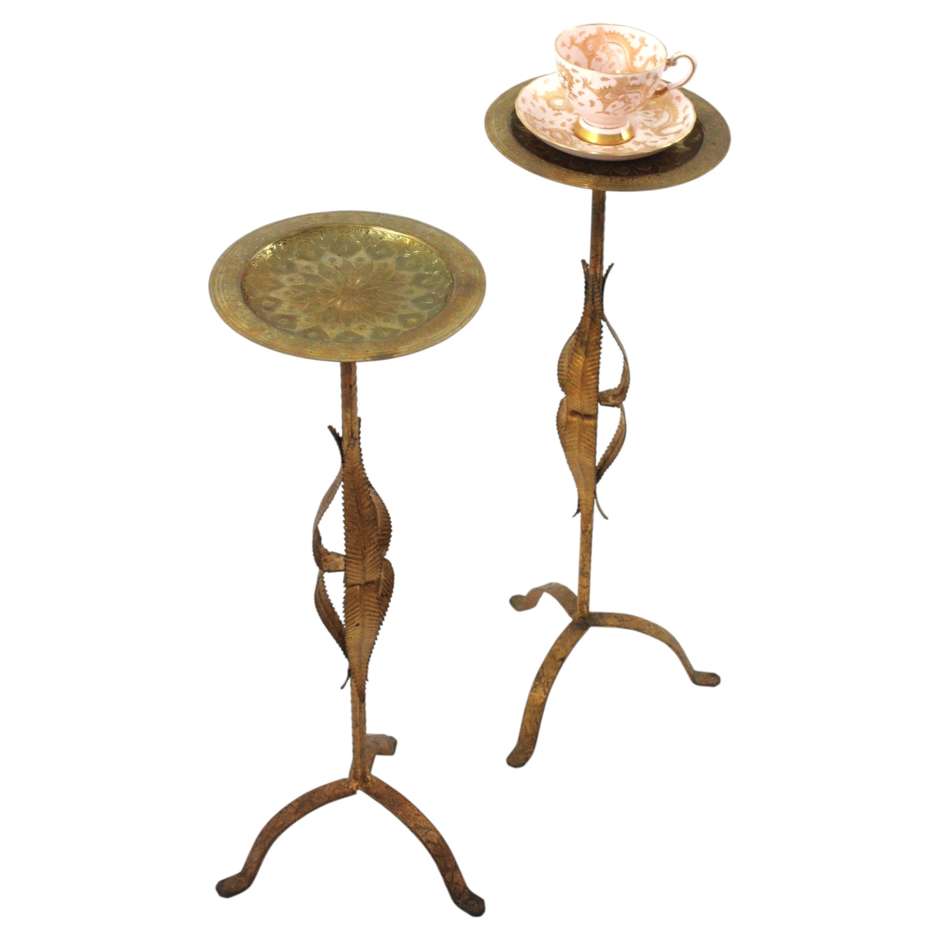 Pair of Drink Tables / Side Tables / Gueridons in Gilt Iron with Brass Top For Sale