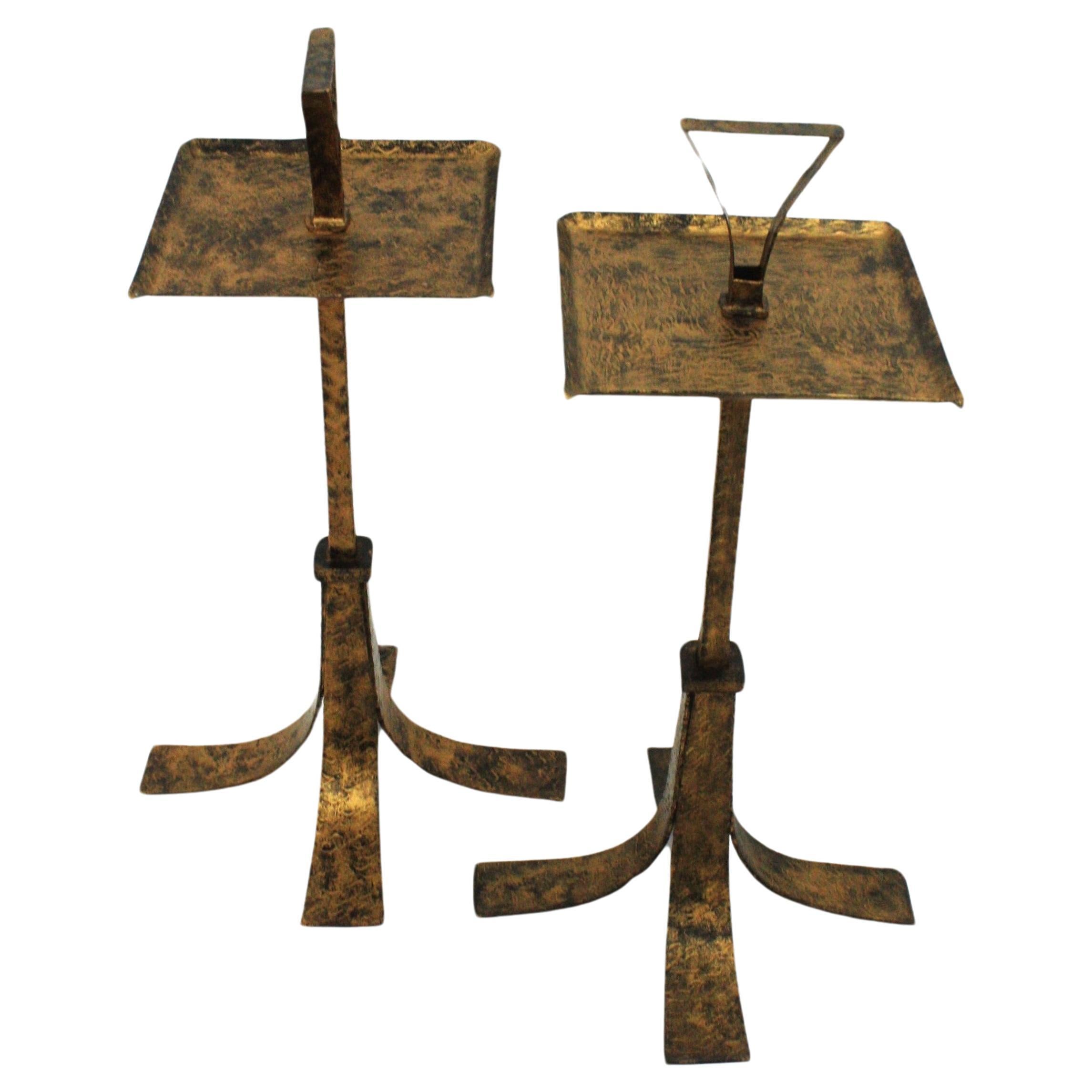 Brutalist Pair of Drink Tables / Side Tables / Martini Tables with Handles, Gilt Iron For Sale