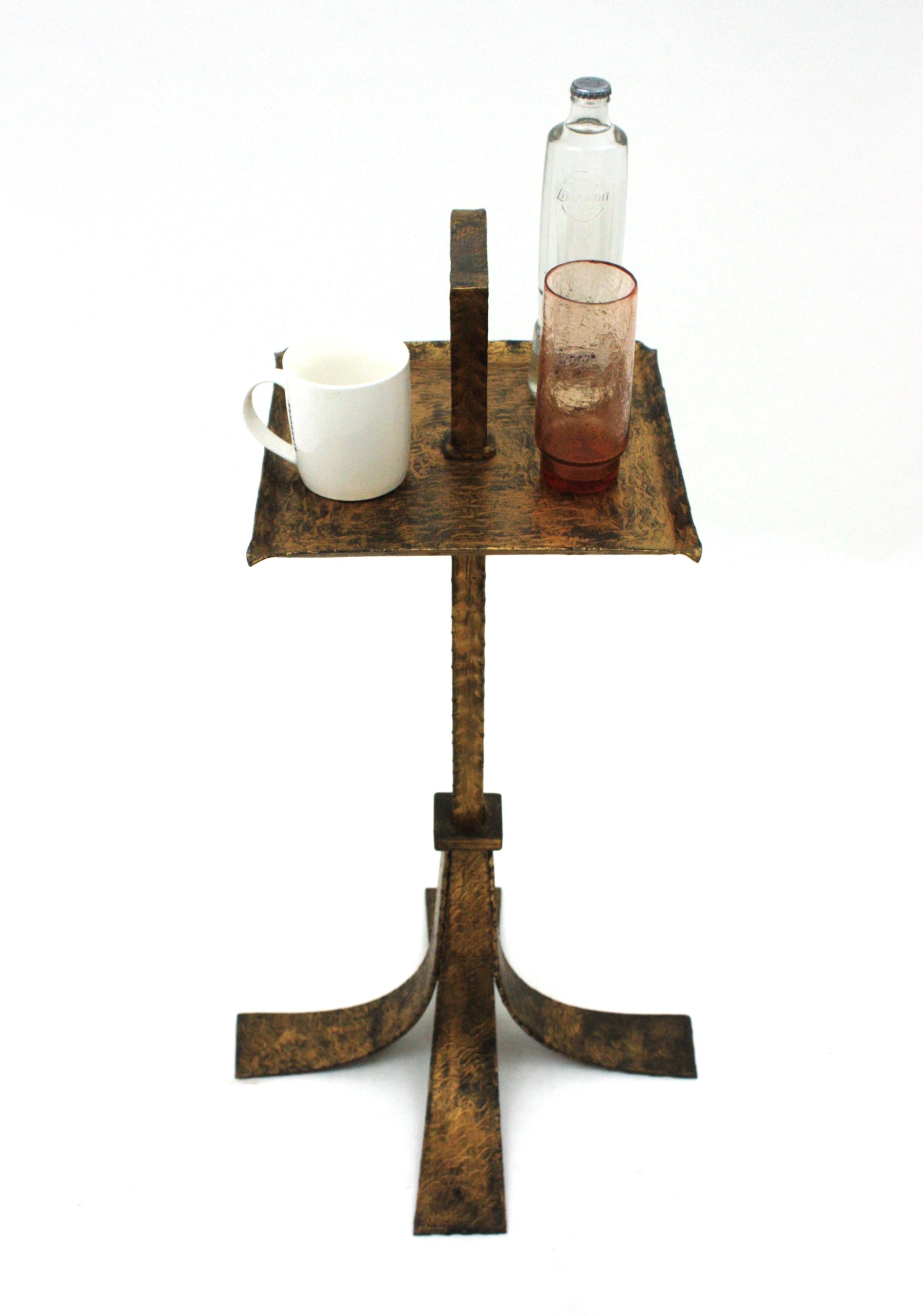 Spanish Pair of Drink Tables / Side Tables / Martini Tables with Handles, Gilt Iron For Sale