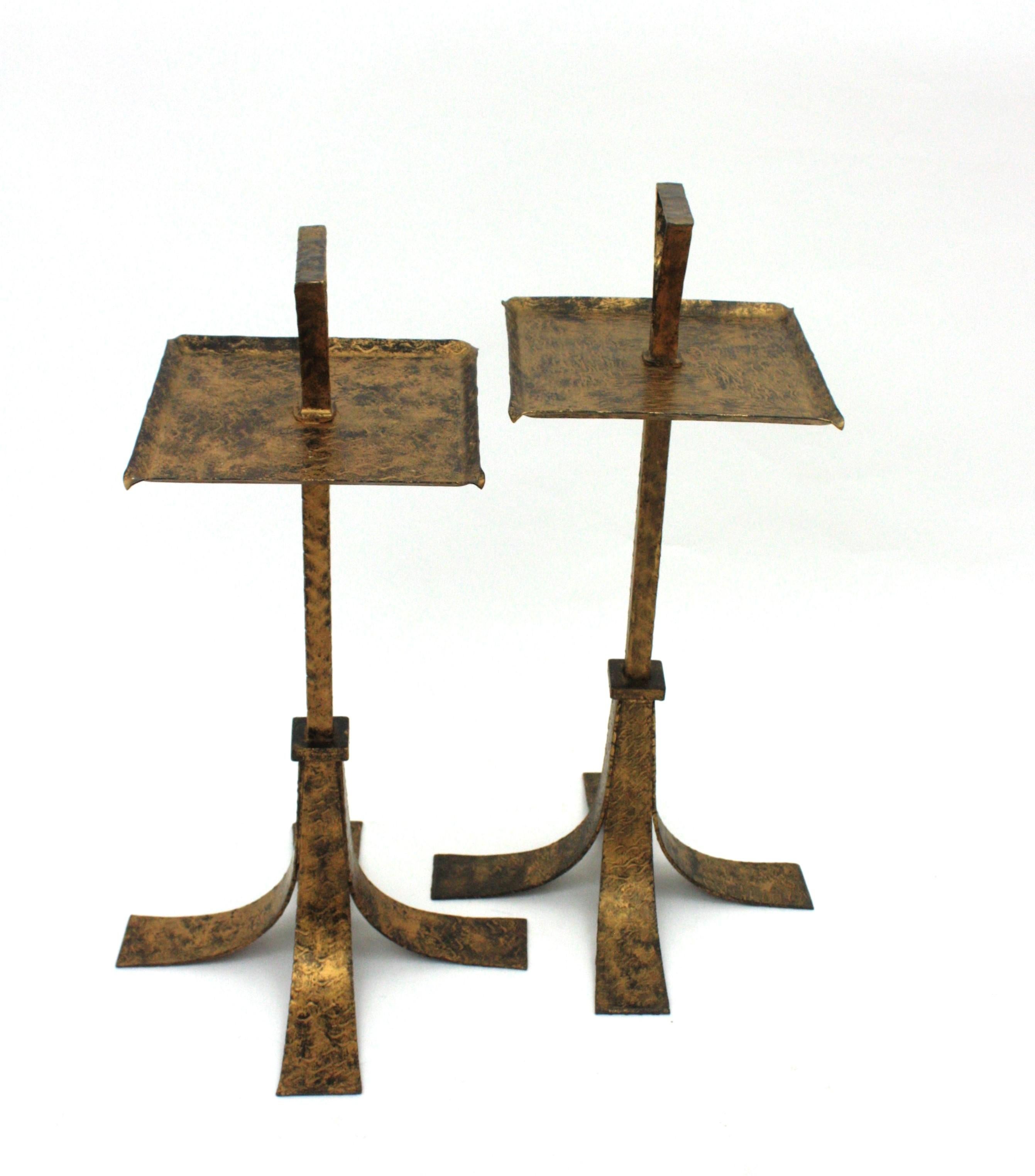 Forged Pair of Drink Tables / Side Tables / Martini Tables with Handles, Gilt Iron For Sale