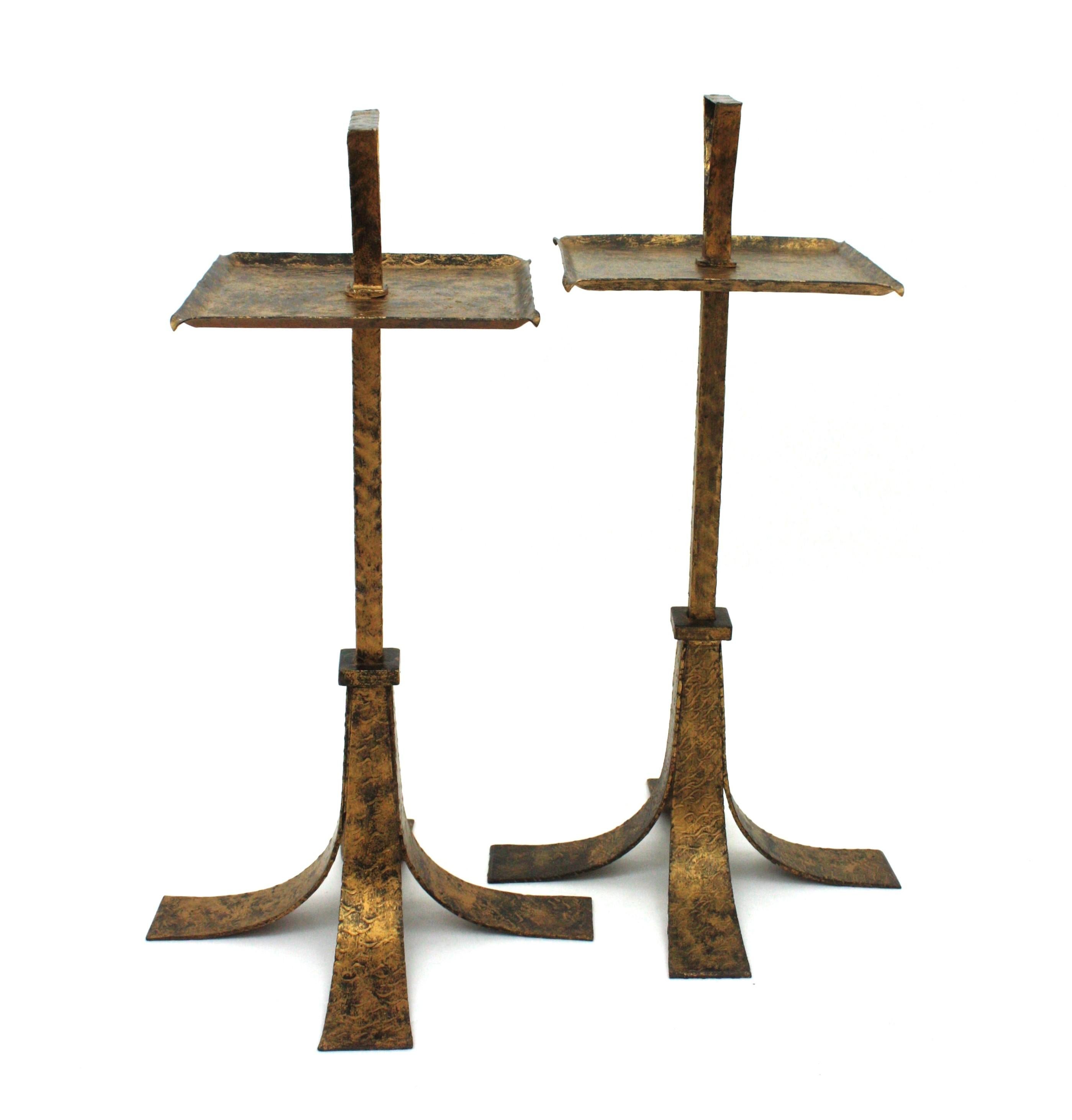 Metal Pair of Drink Tables / Side Tables / Martini Tables with Handles, Gilt Iron For Sale