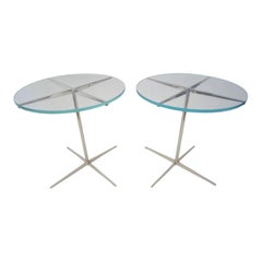 Pair of Drinks or Side Tables Glass on Polished Steel Pedestal