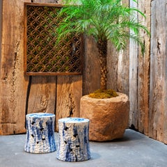Pair of Drip Glaze Blue & White Cloud Garden Stools