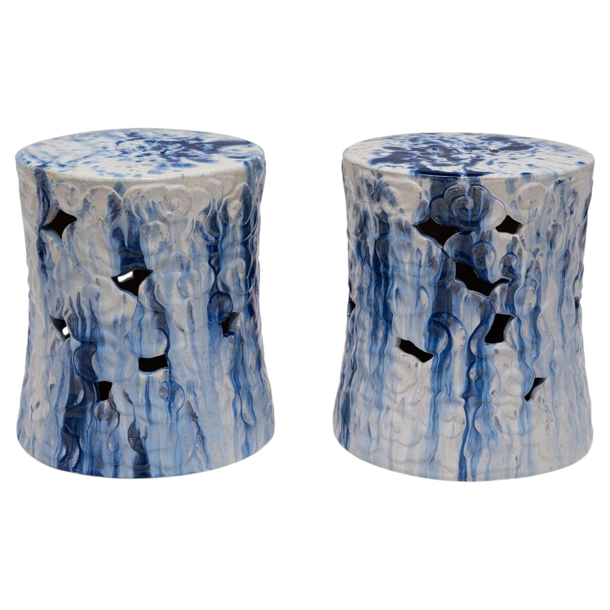 Pair of Drip Glaze Blue & White Cloud Garden Stools For Sale