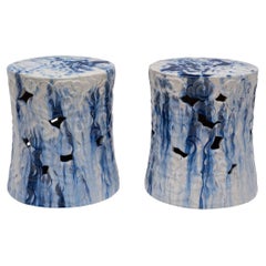 Pair of Drip Glaze Blue & White Cloud Garden Stools