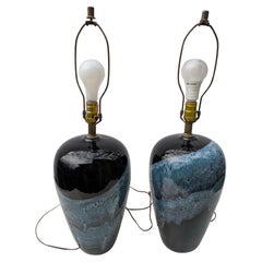 Pair of Drip Glaze Lamps, Black with Shades of Blue