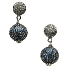 Pair of Drop Earrings with Pave` Set Blue Sapphires and Diamonds