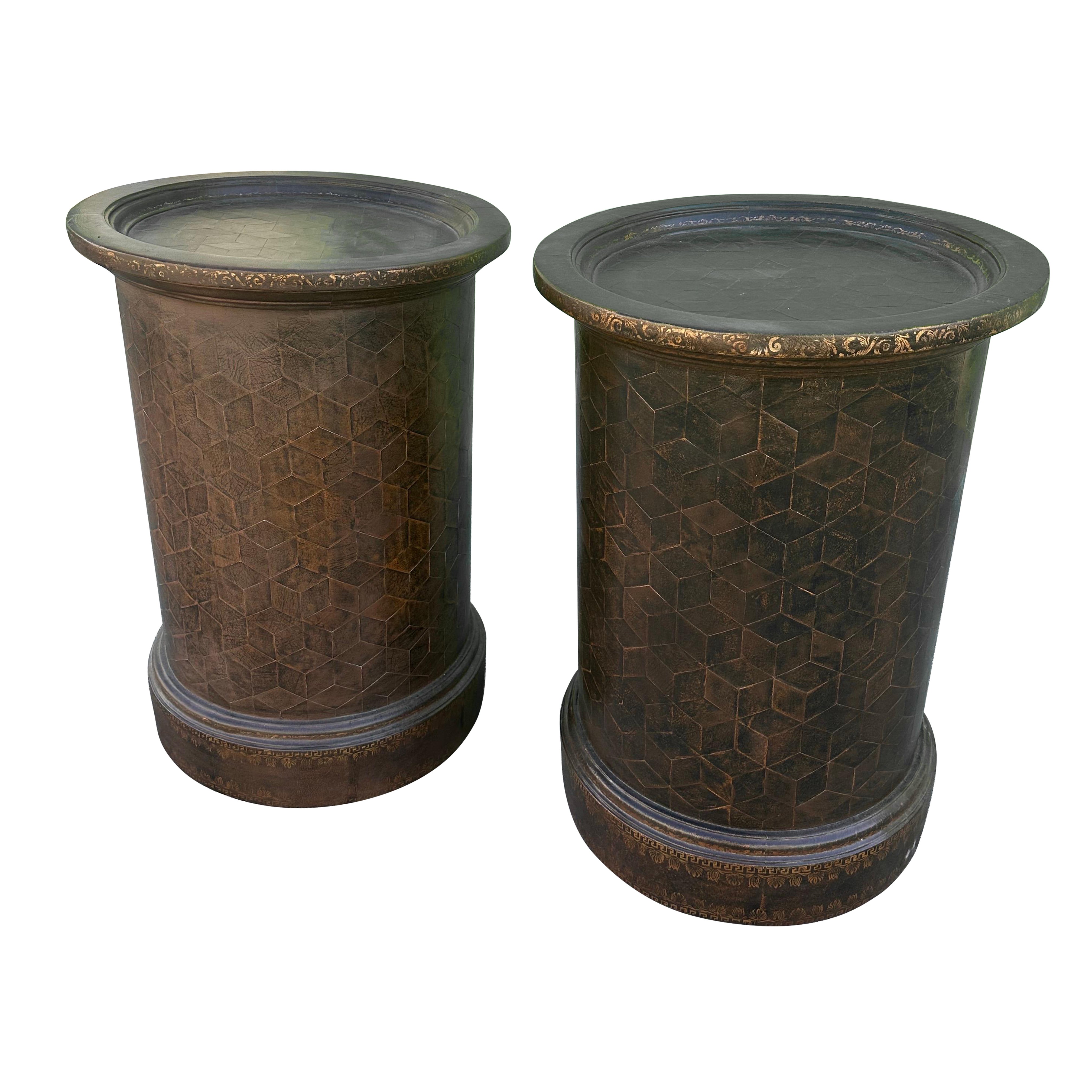 Pair of drum side table in embossed leather