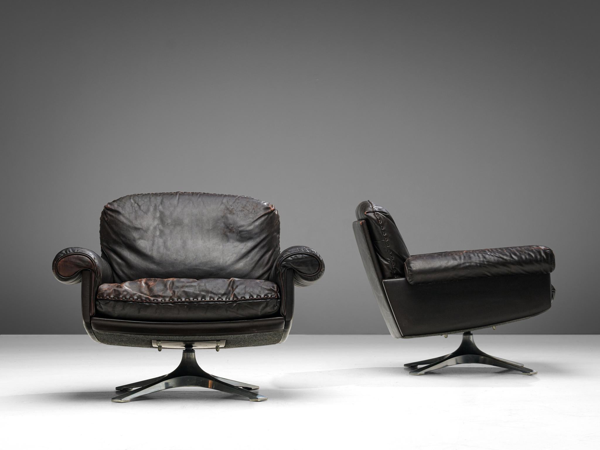 Swiss Pair of 'DS31' Swivel Chairs in Dark Brown Leather by De Sede