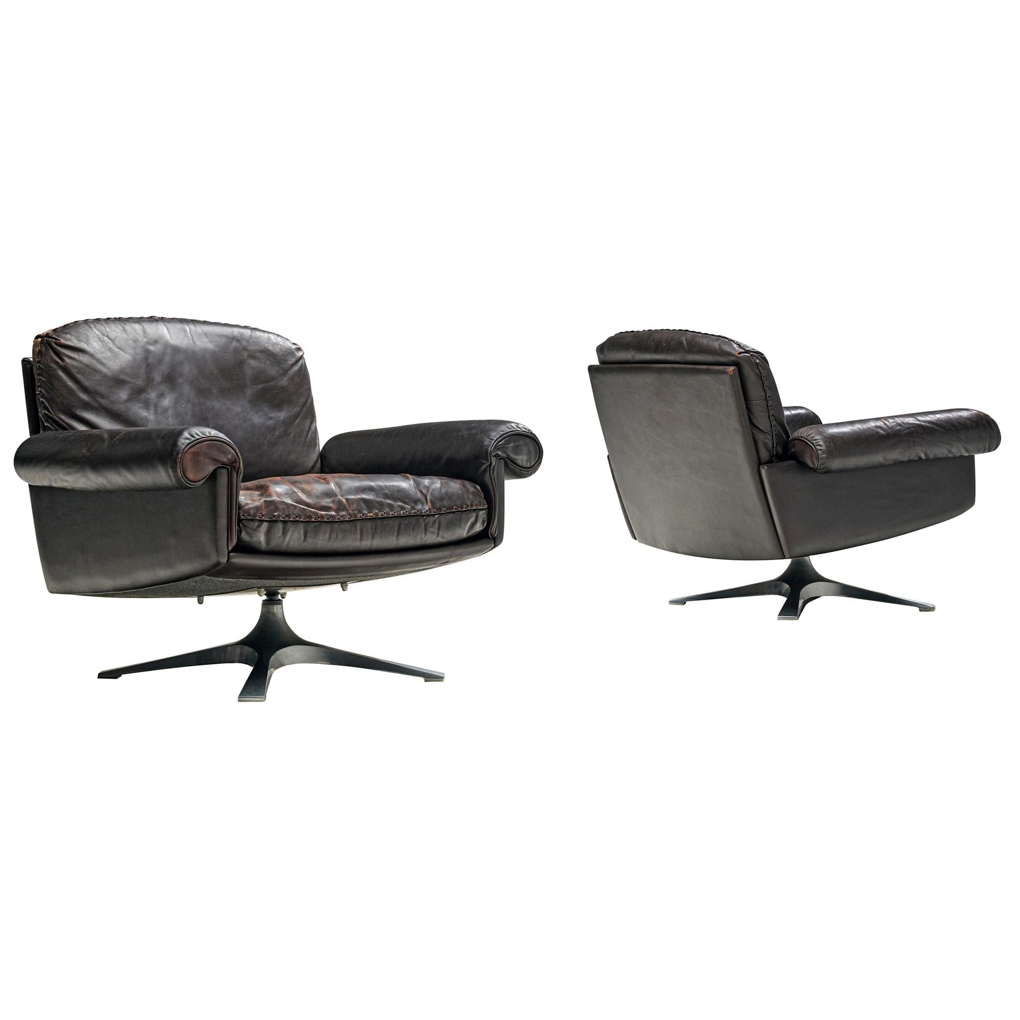 Pair of 'DS31' Swivel Chairs in Dark Brown Leather by De Sede