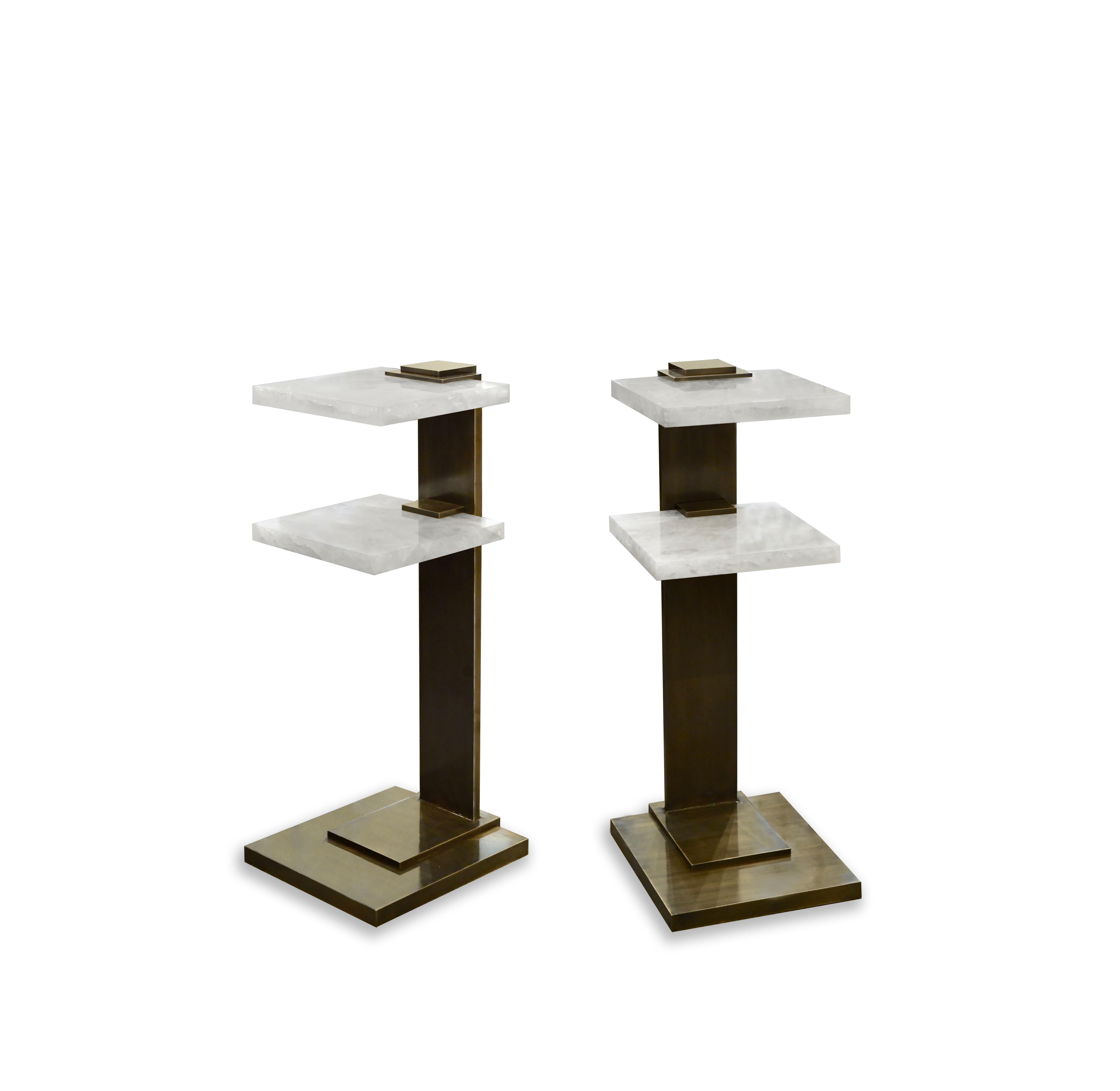 Pair of DWD rock crystal drinking tables with two rock crystal shelves.
Antique brass finish. Created by Phoenix Gallery.
Custom size upon request.