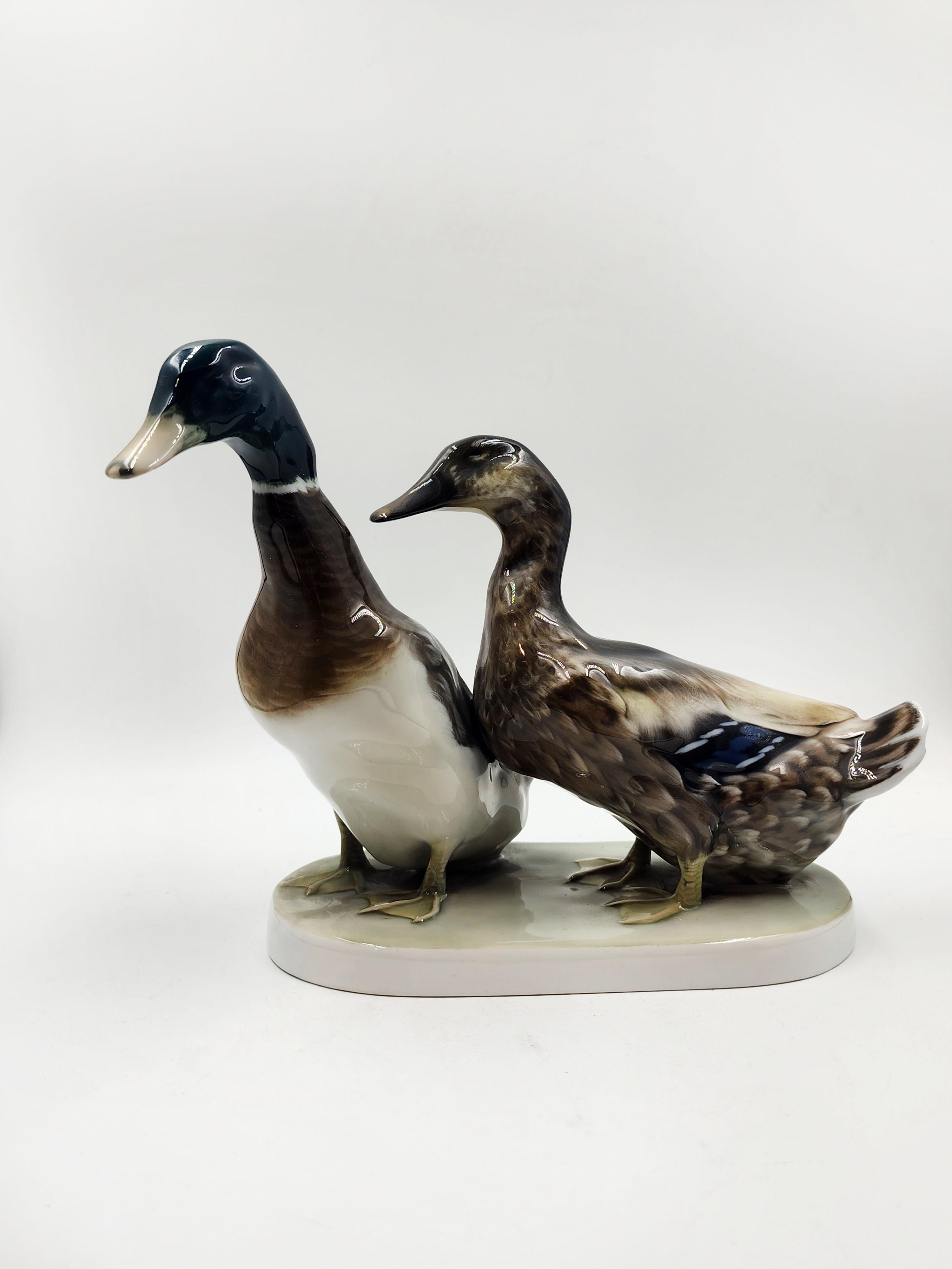 Pareja de patos sobre base de porcelana esmaltada de Rosenthal siglo XX en venta