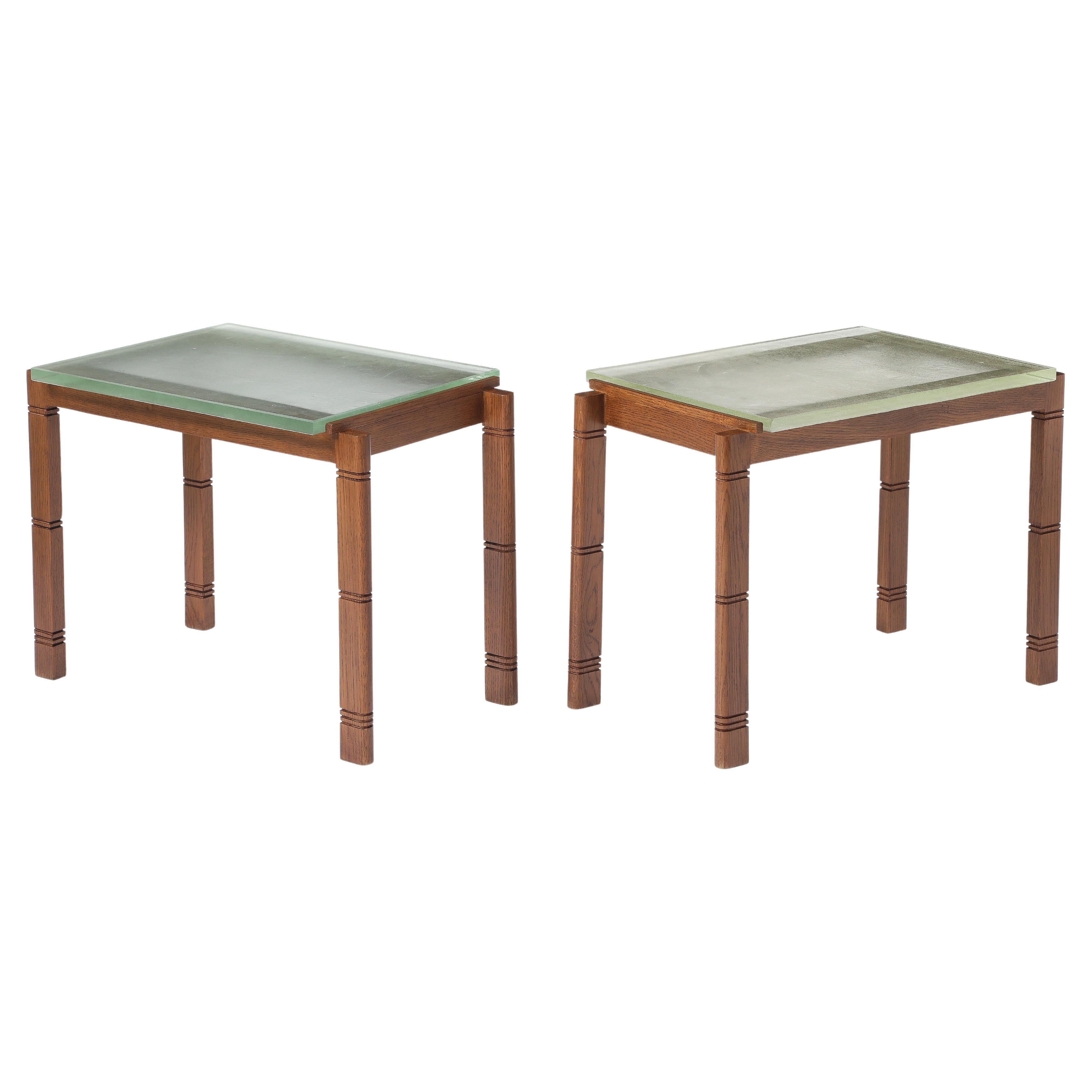 Pair of Dudouy End Tables With Saint Gobain Tops, France 1950's