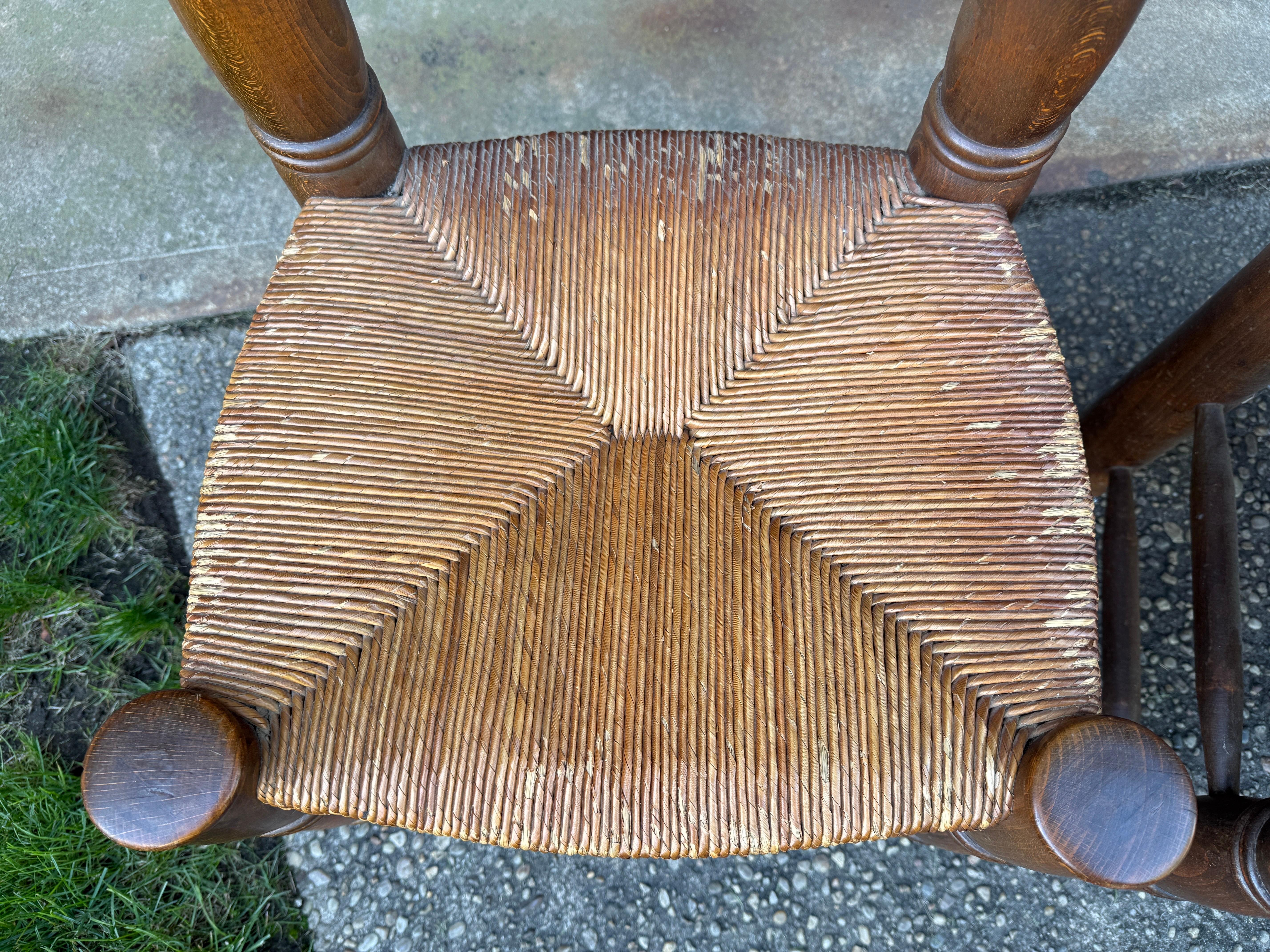 Rustic Pair of Dudouyt Fireside Oak Chairs w/ Thatch Seats For Sale
