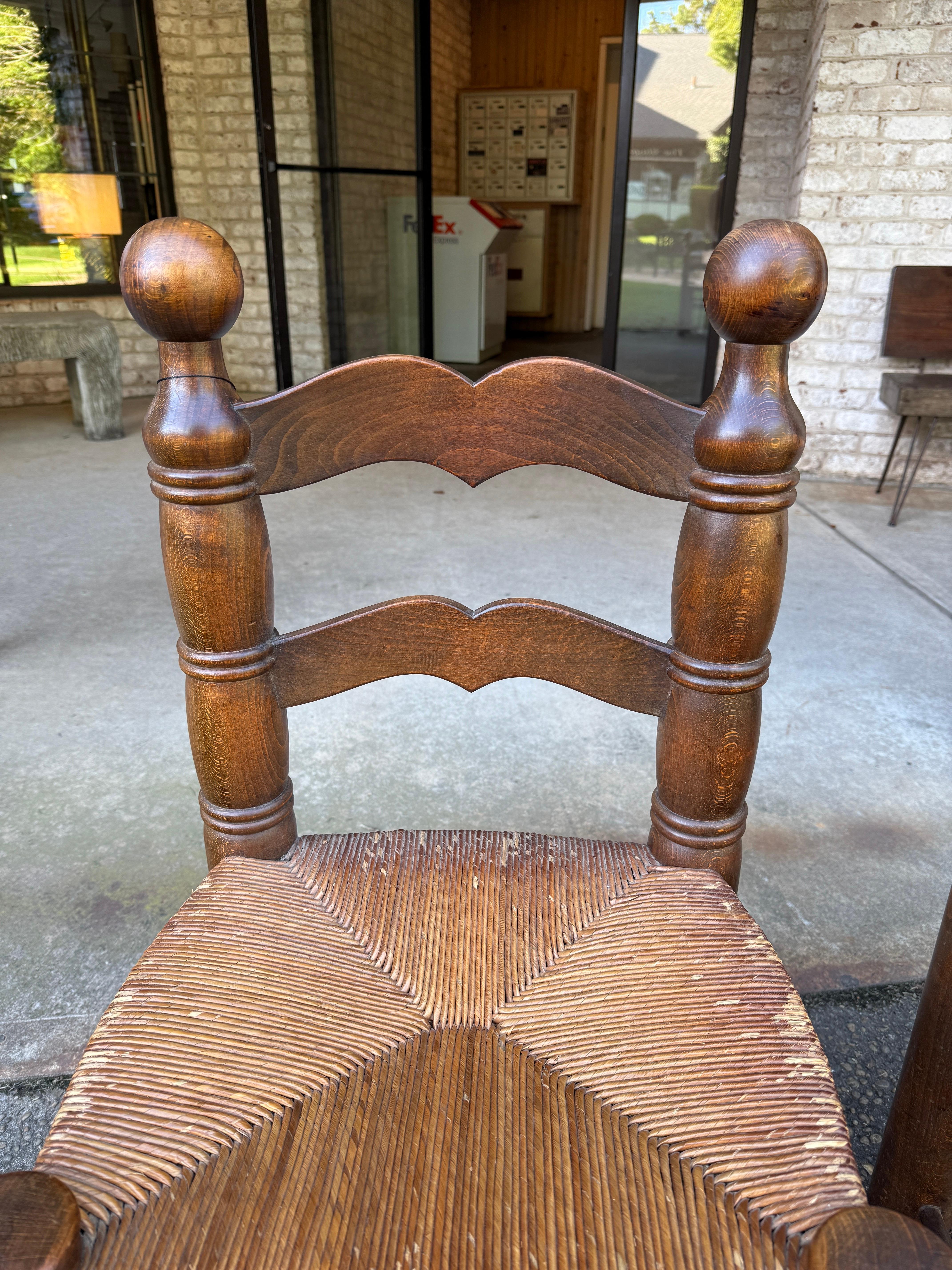 Rush Pair of Dudouyt Fireside Oak Chairs w/ Thatch Seats For Sale
