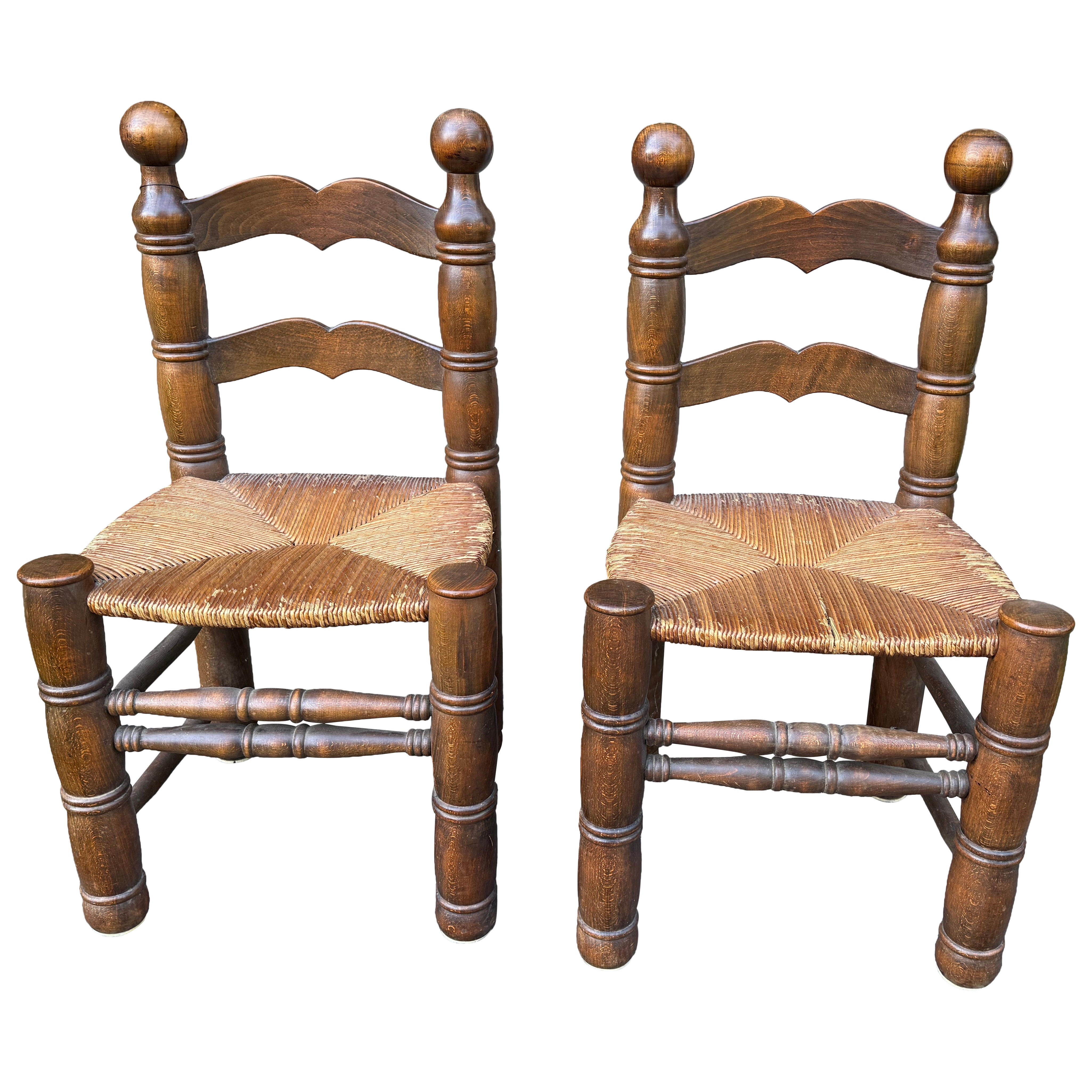 Pair of Dudouyt Fireside Oak Chairs w/ Thatch Seats For Sale