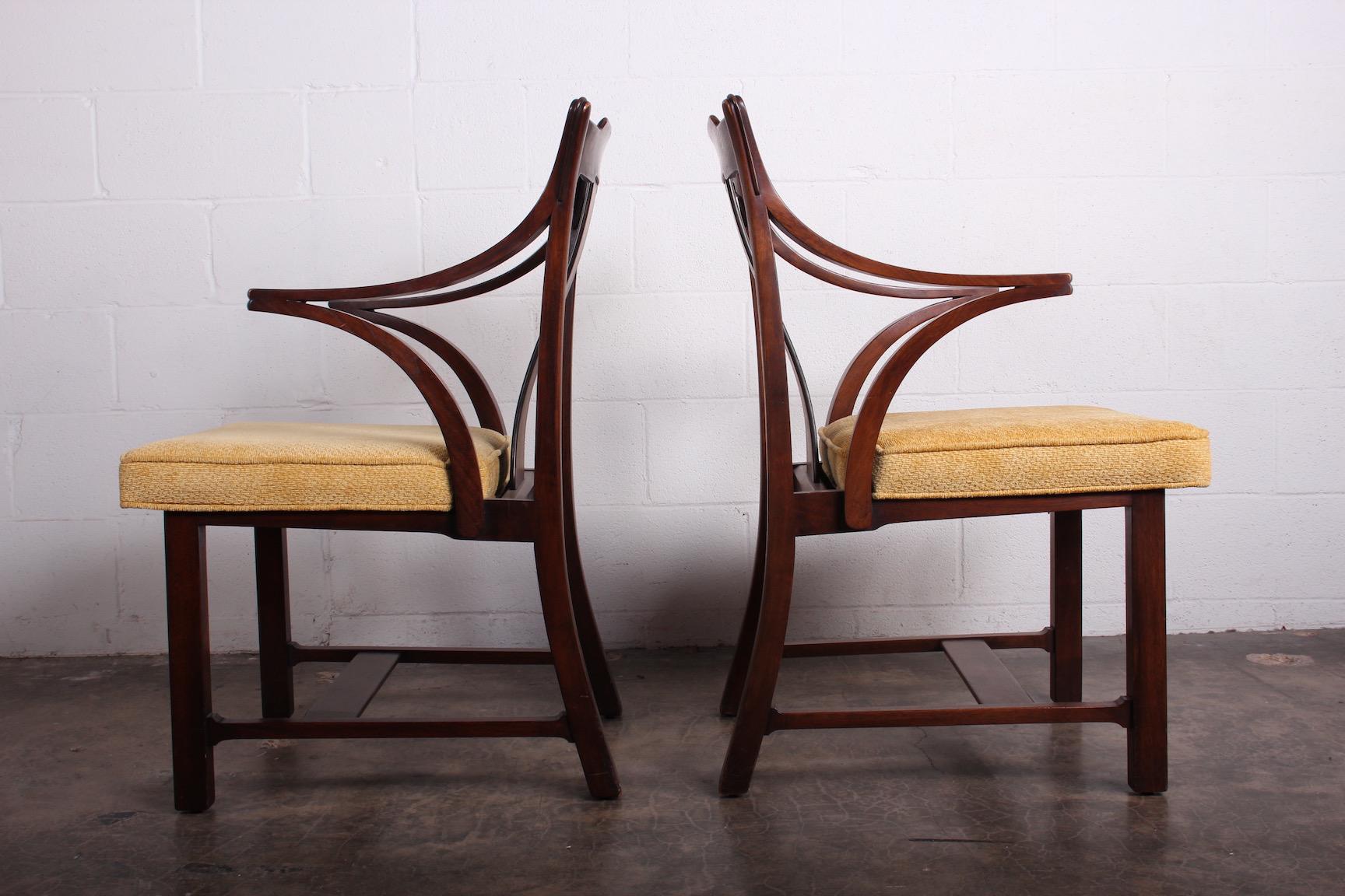 A rare pair of armchairs from the Janus collection know as the the Greene & Greene chairs for their crafted appearance. Designed by Edward Wormley for Dunbar.