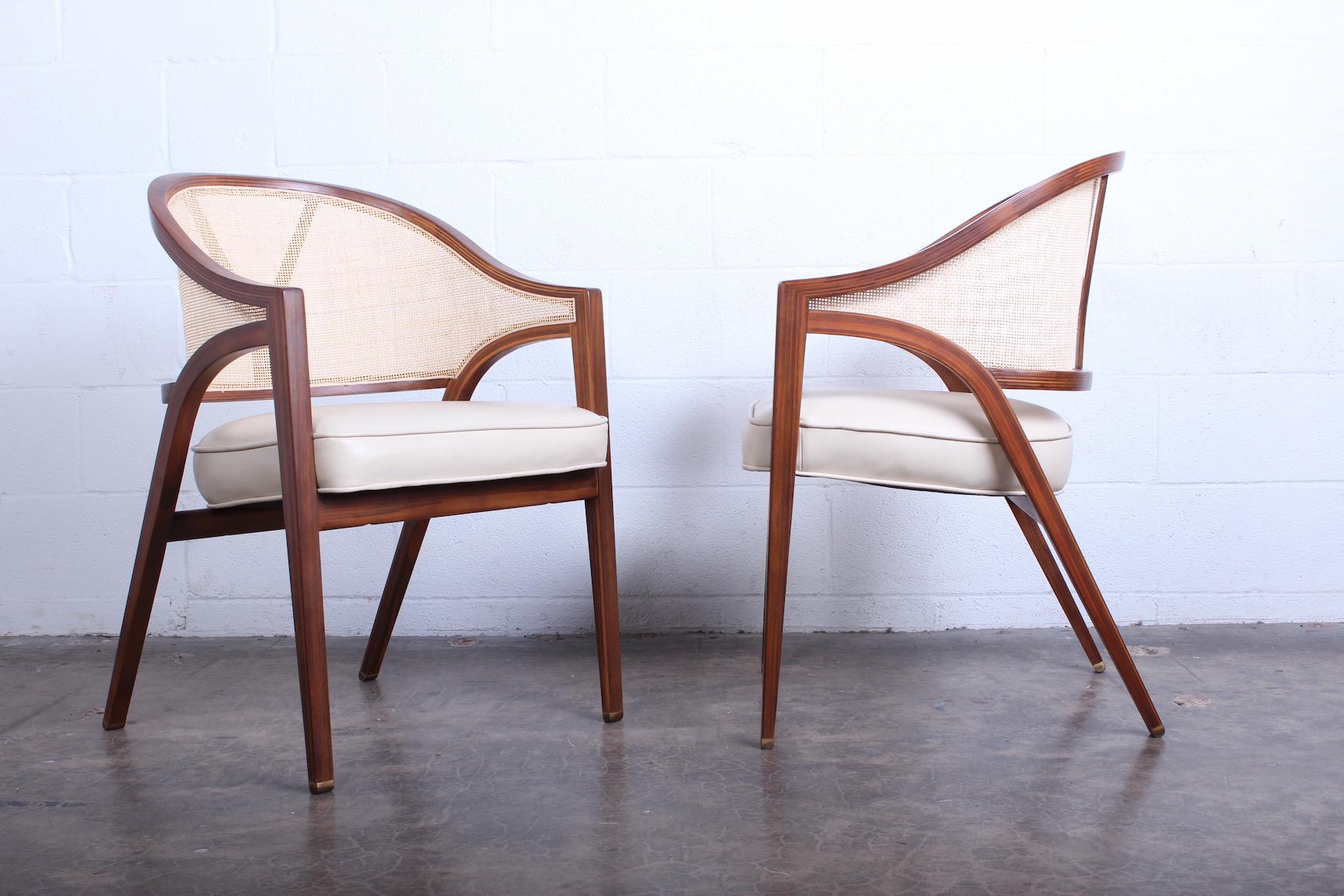 Leather Pair of Dunbar Cane Back Armchairs by Edward Wormley
