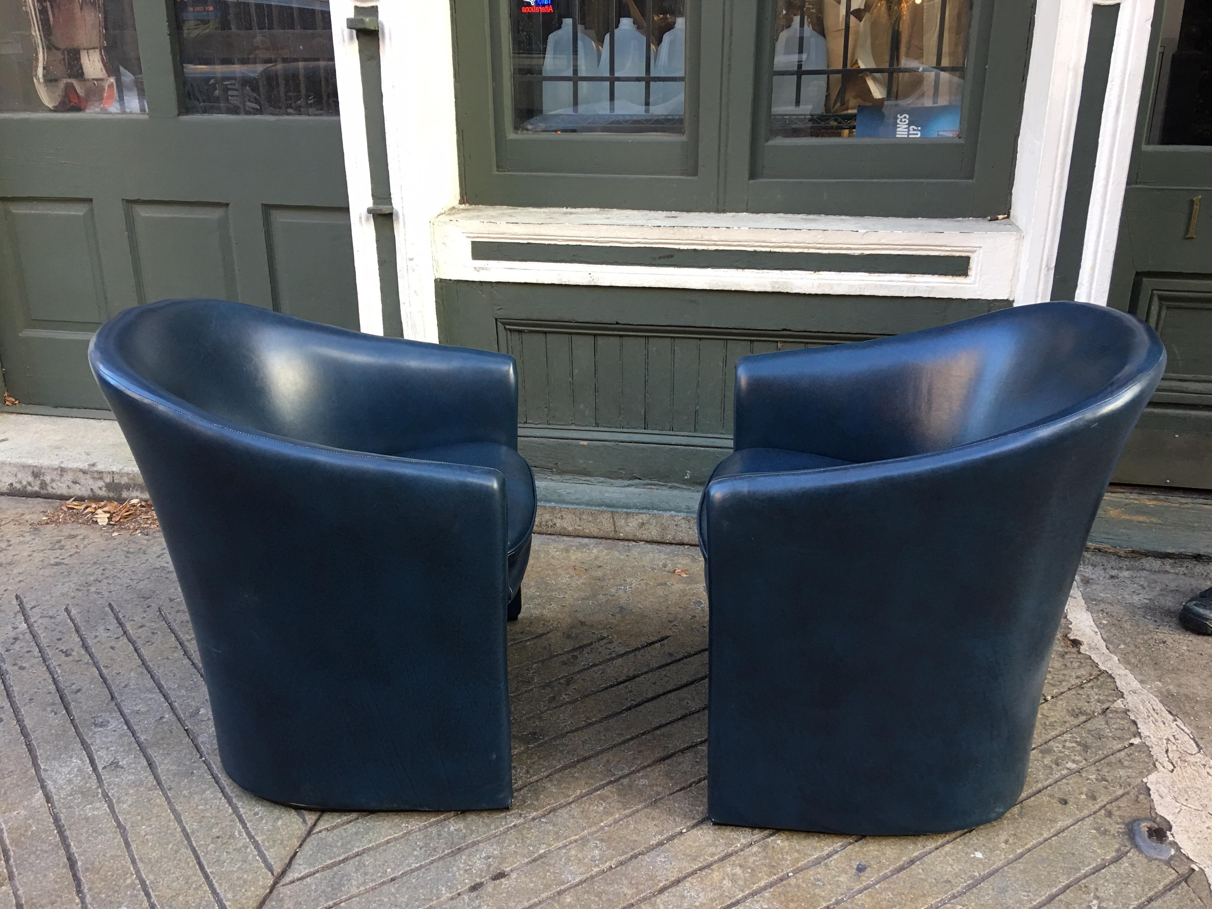 Pair of Dunbar Chairs in Dark Blue Vinyl In Good Condition In Philadelphia, PA
