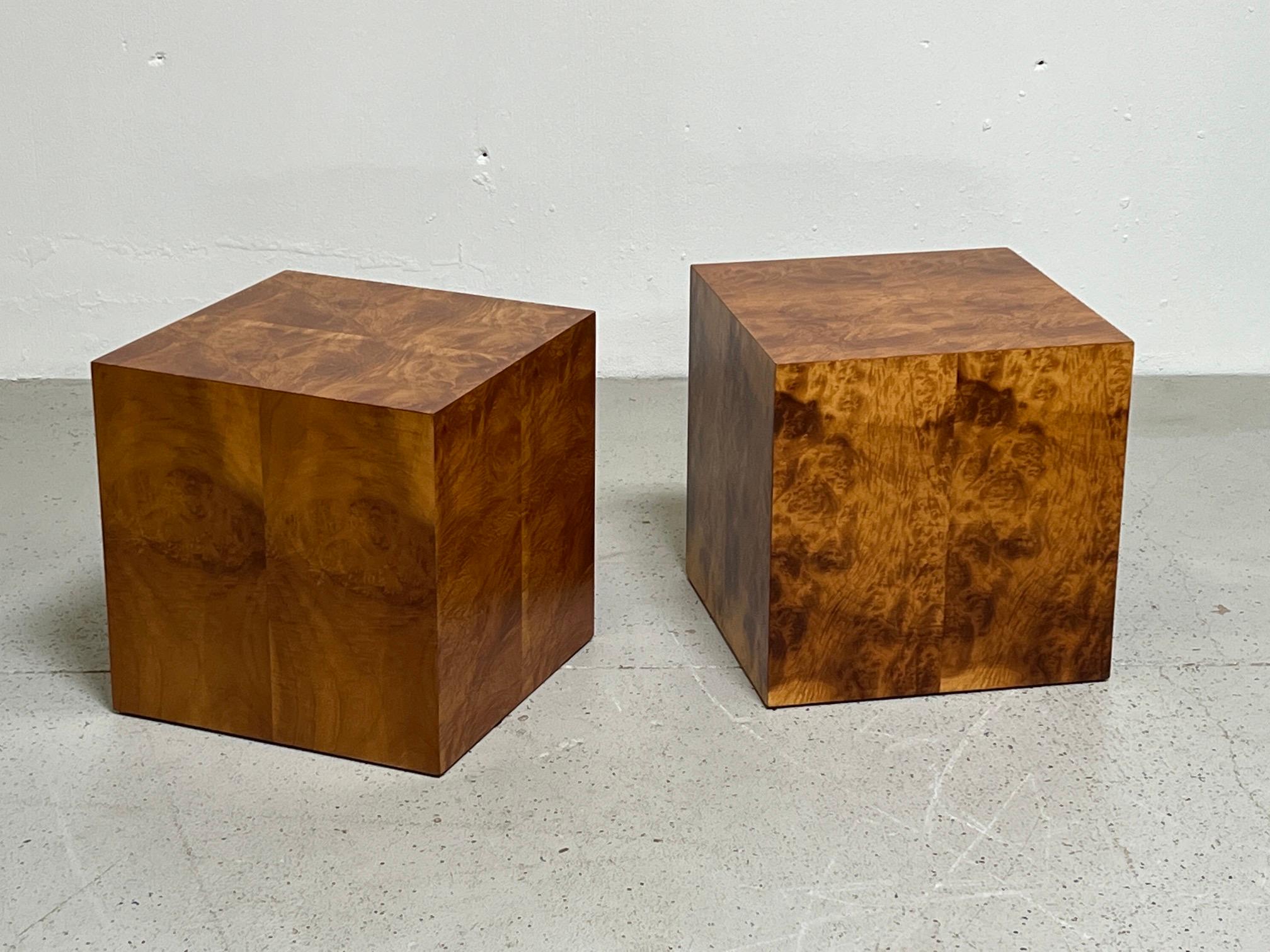 A pair of early cube tables in Myrtle burl designed by Edward Wormley for Dunbar.