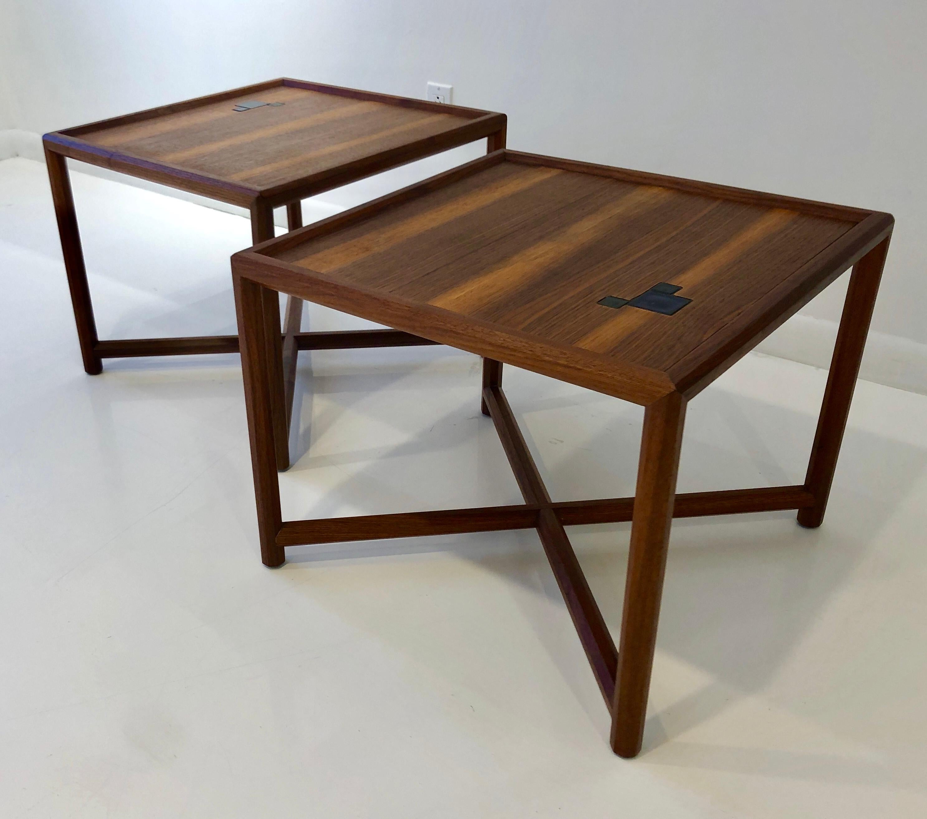 Mid-Century Modern Pair of Dunbar Janus End Tables with Tiffany Tiles