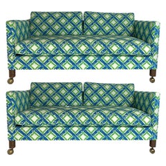 Vintage Pair of Dunbar Style Tuxedo or Parson Settees in Lattice Bamboo Upholstery