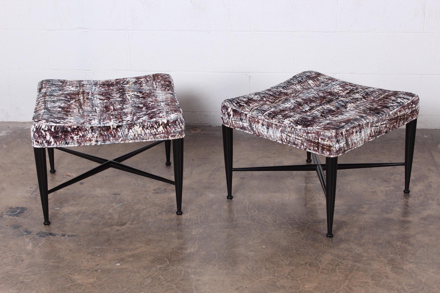 A beautifully restored pair of Dunbar Thebes stools designed by Edward Wormley.