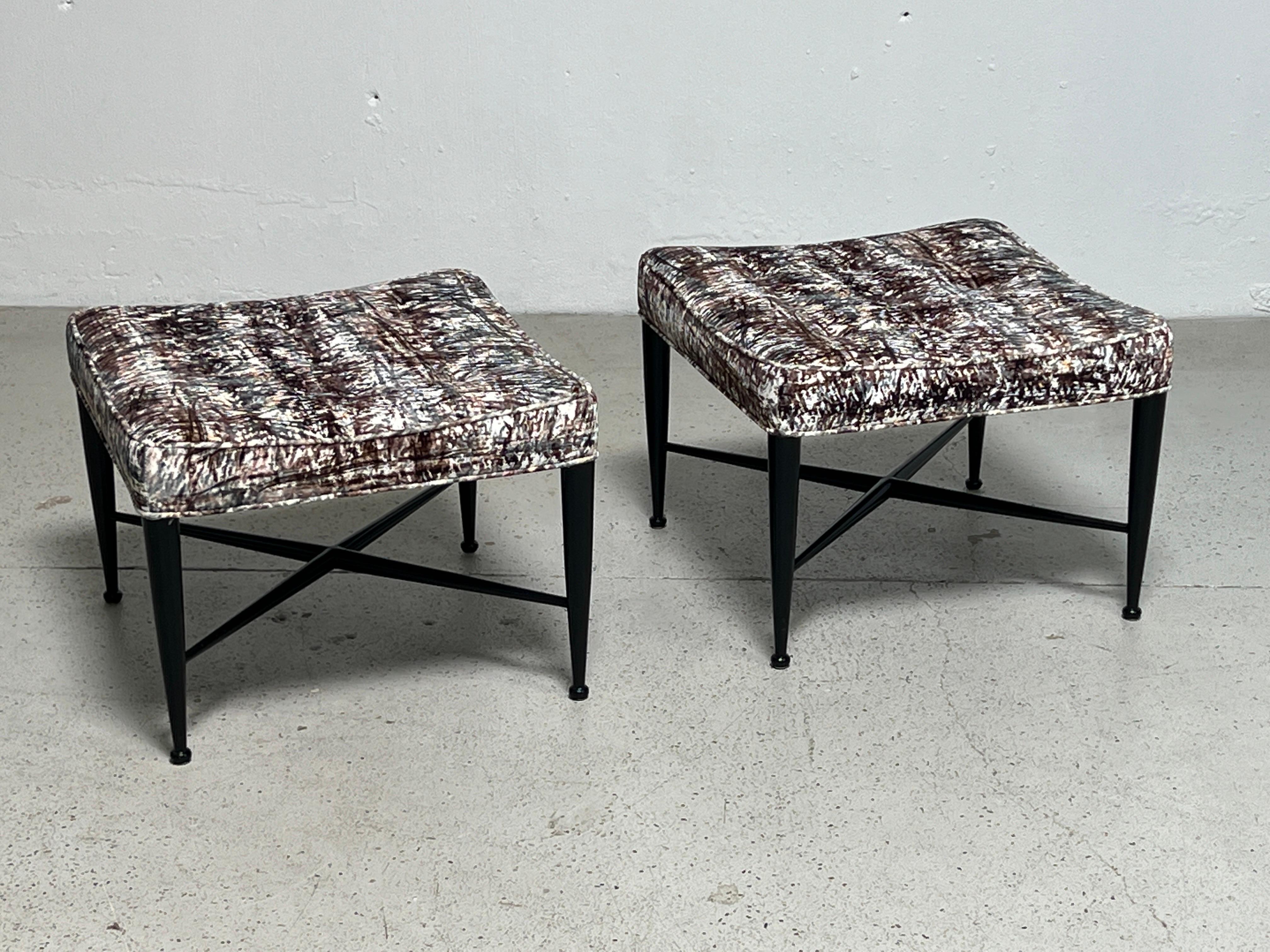 A beautifully restored pair of Dunbar Thebes stools designed by Edward Wormley.