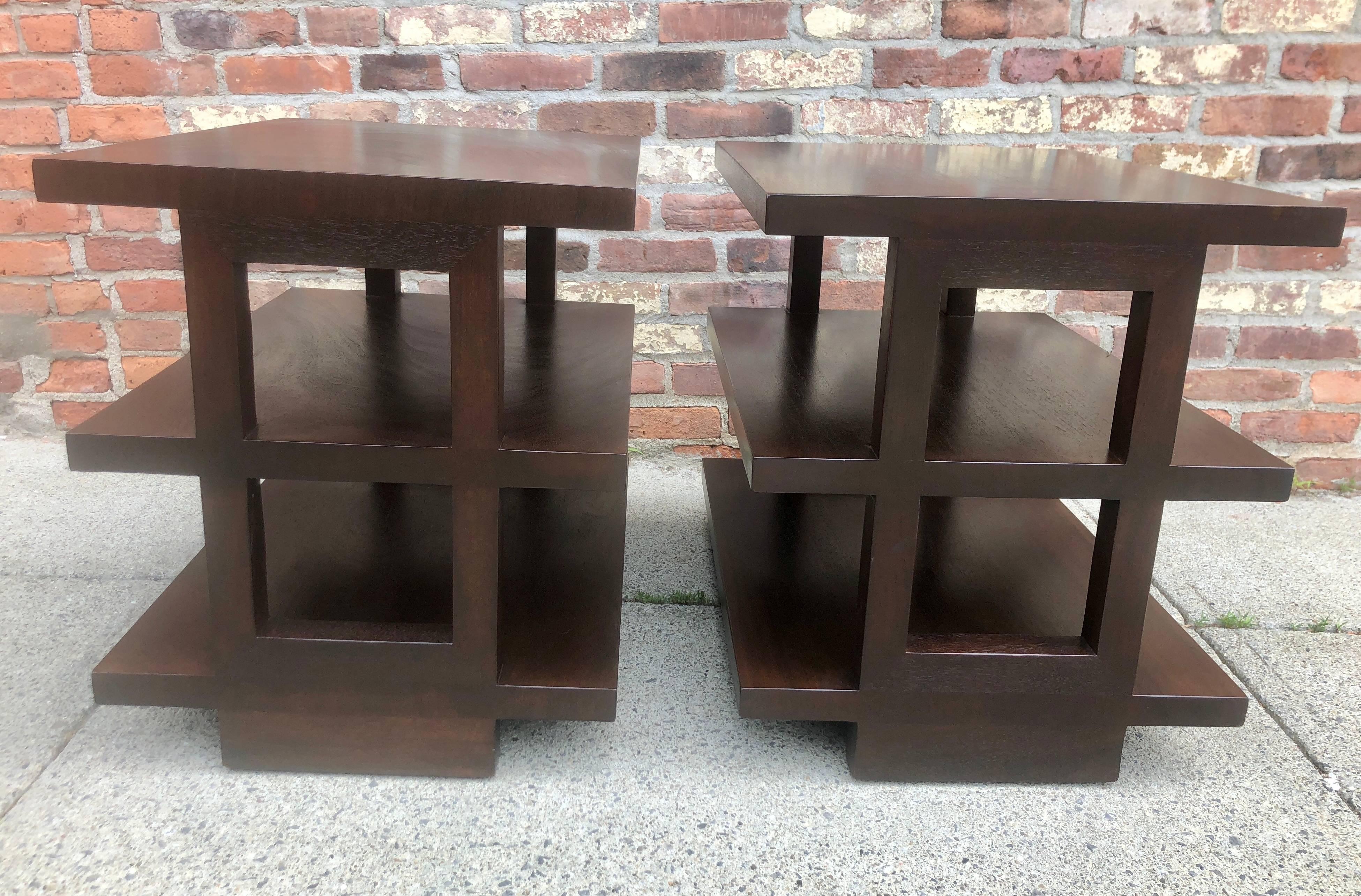 Mid-Century Modern Pair of Dunbar Three-Tier Walnut End Tables