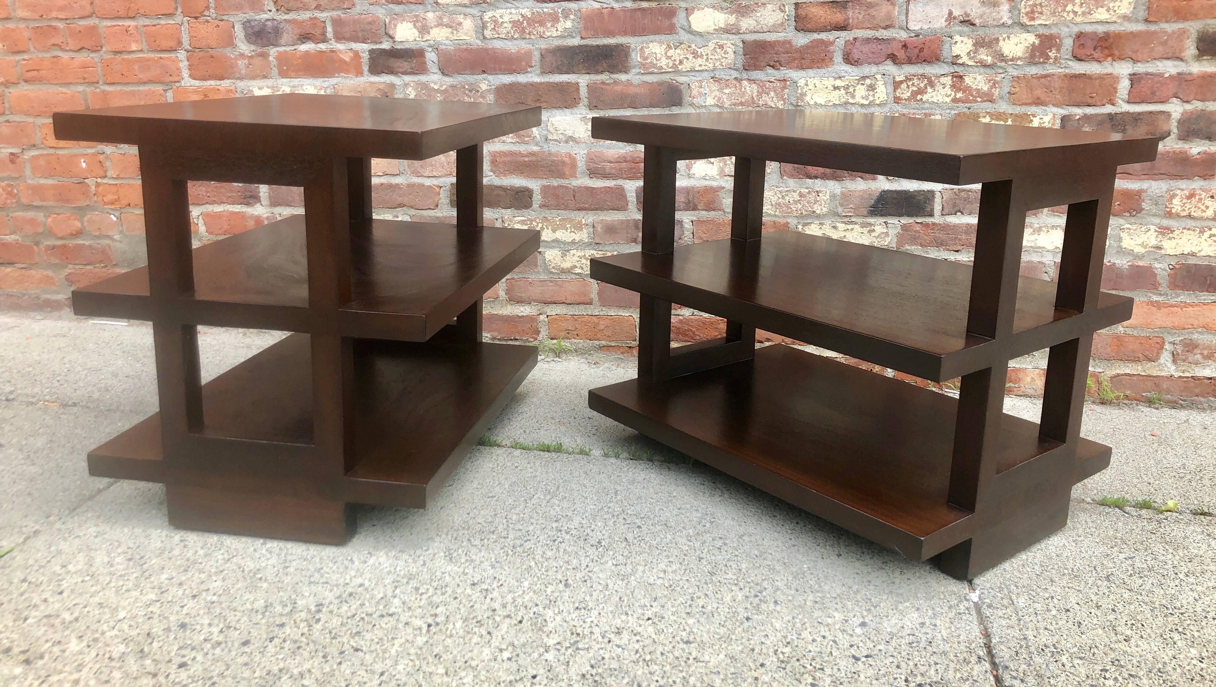 American Pair of Dunbar Three-Tier Walnut End Tables