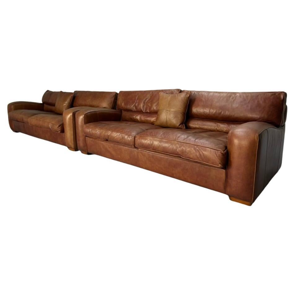 Pair of Duresta "Panther" 2.5-Seat Sofas -  In Antiqued Brown "Niven" Leather