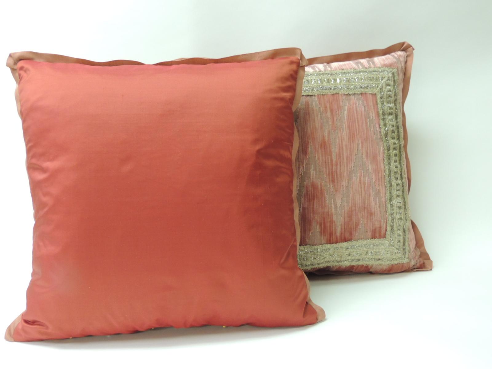 French Pair of Antique Pink and Silver Flame Stitch Silk Velvet Decorative Pillows