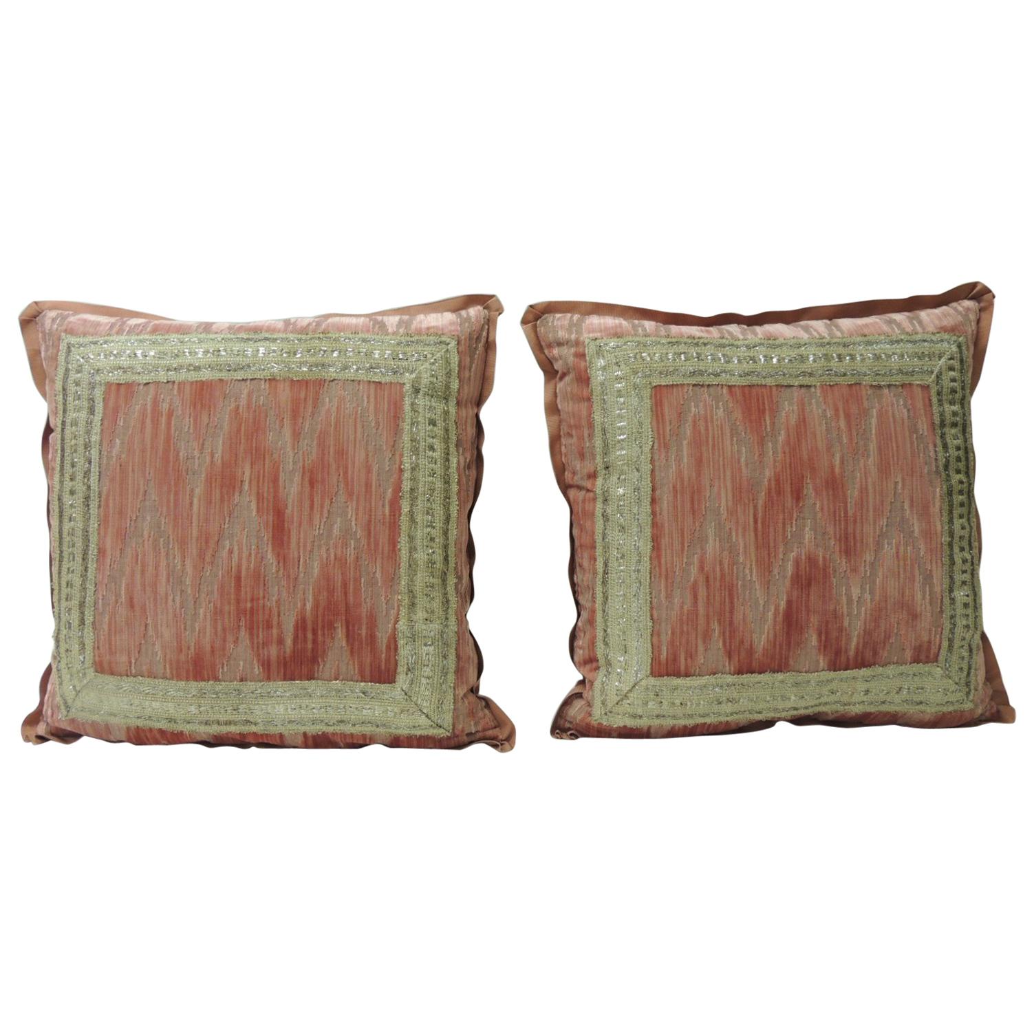 Pair of Antique Pink and Silver Flame Stitch Silk Velvet Decorative Pillows