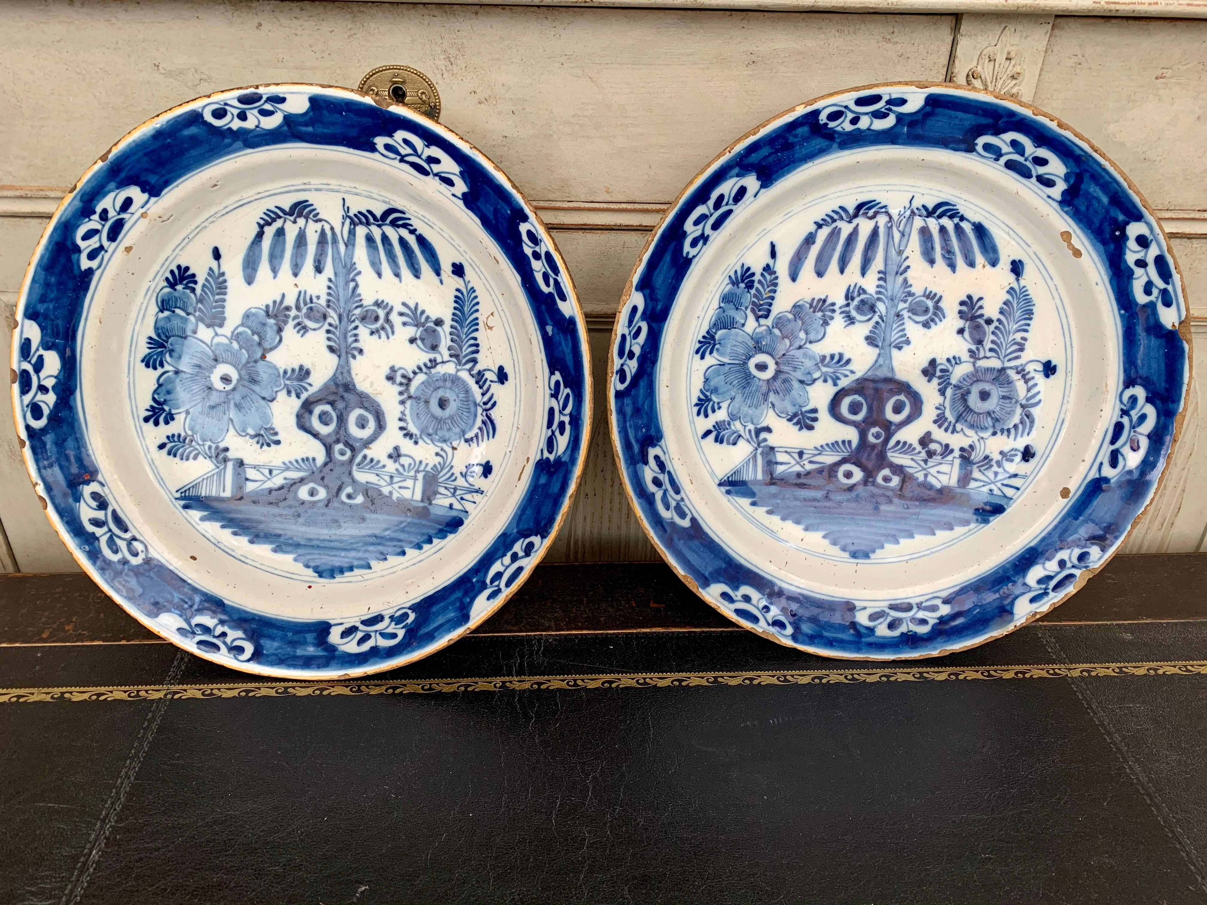 Faience Pair Of Dutch 18th Century Blue And White Delft Chargers