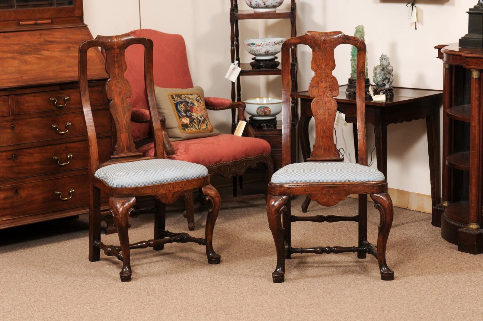 Pair of Dutch 18th Century Walnut Side Chairs with Marquetry Inlay & Pad Feet For Sale 7