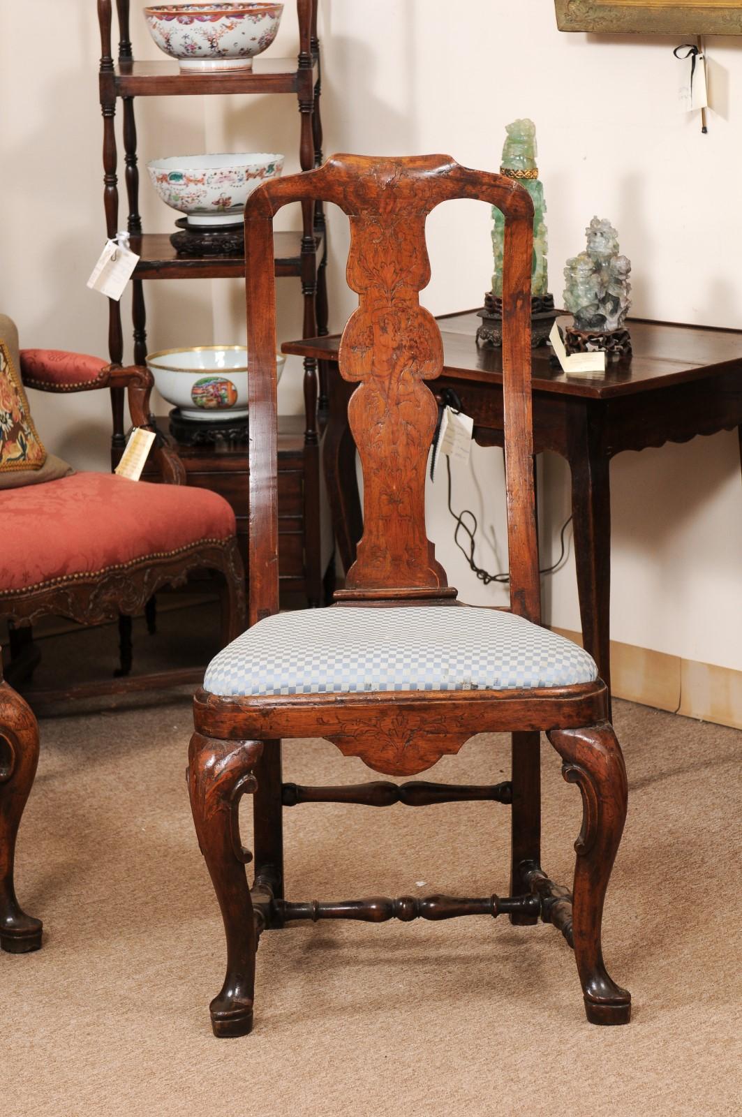 Pair of Dutch 18th Century Walnut Side Chairs with Marquetry Inlay & Pad Feet For Sale 8