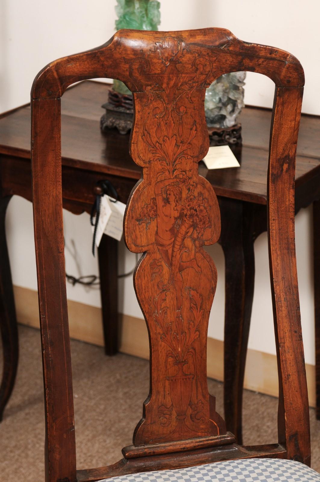 Pair of Dutch 18th Century Walnut Side Chairs with Marquetry Inlay & Pad Feet For Sale 10