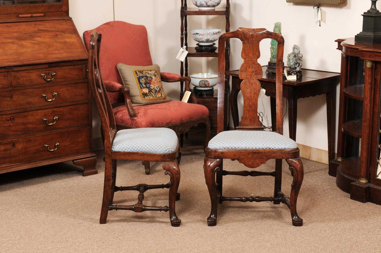 Pair of Dutch 18th Century Walnut Side Chairs with Marquetry Inlay & Pad Feet In Good Condition For Sale In Atlanta, GA