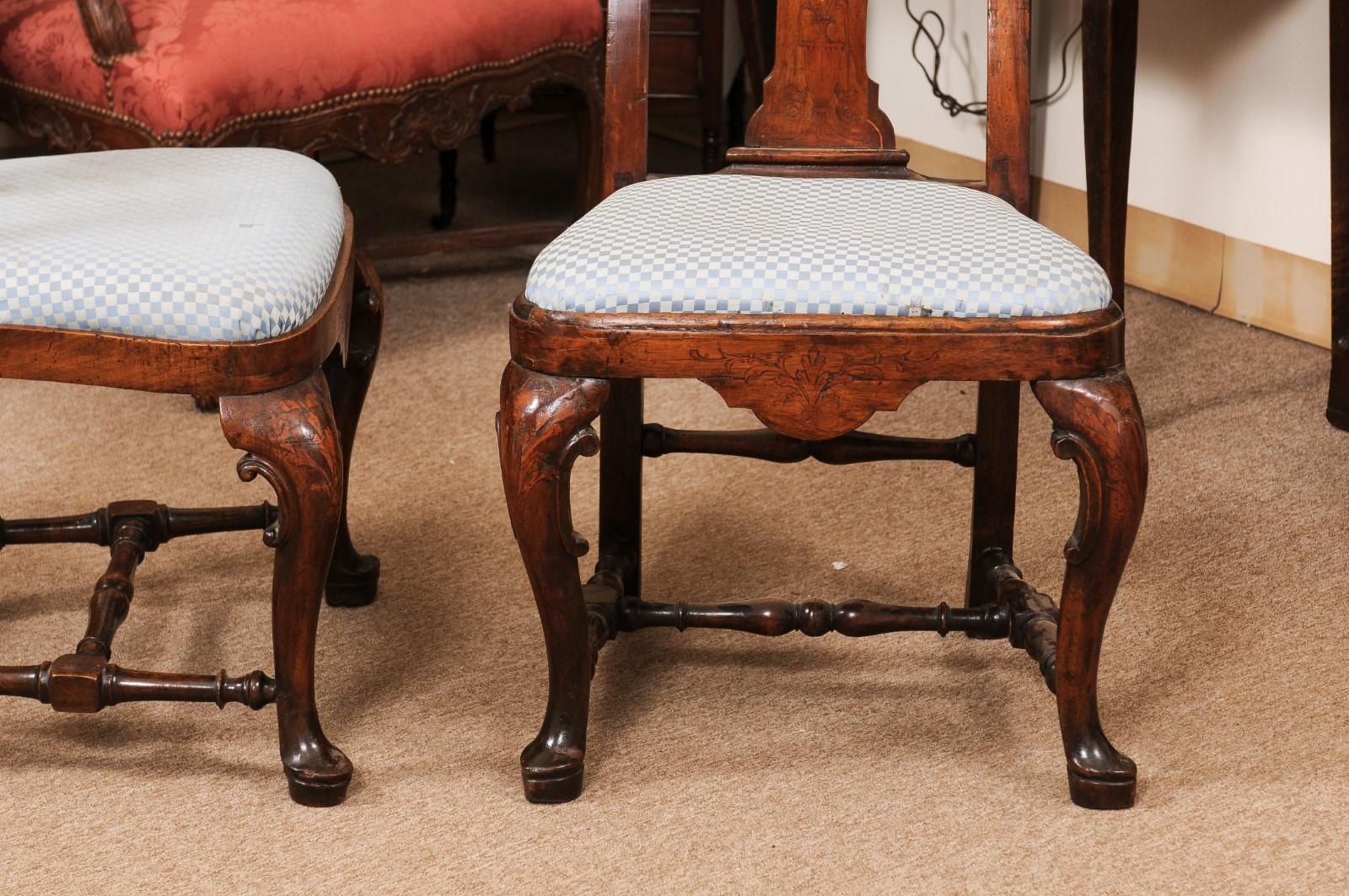 18th Century and Earlier Pair of Dutch 18th Century Walnut Side Chairs with Marquetry Inlay & Pad Feet For Sale